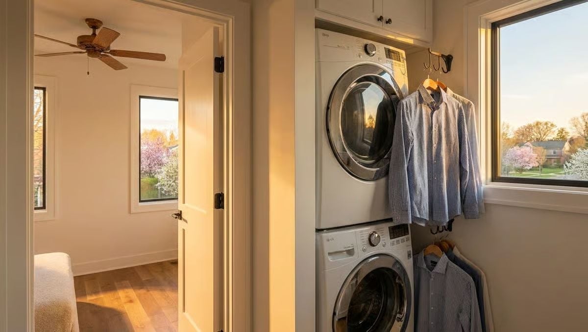 Stacked Washer-Dryer, Wall Hooks, and Laundry Room That Pulls Its Weight