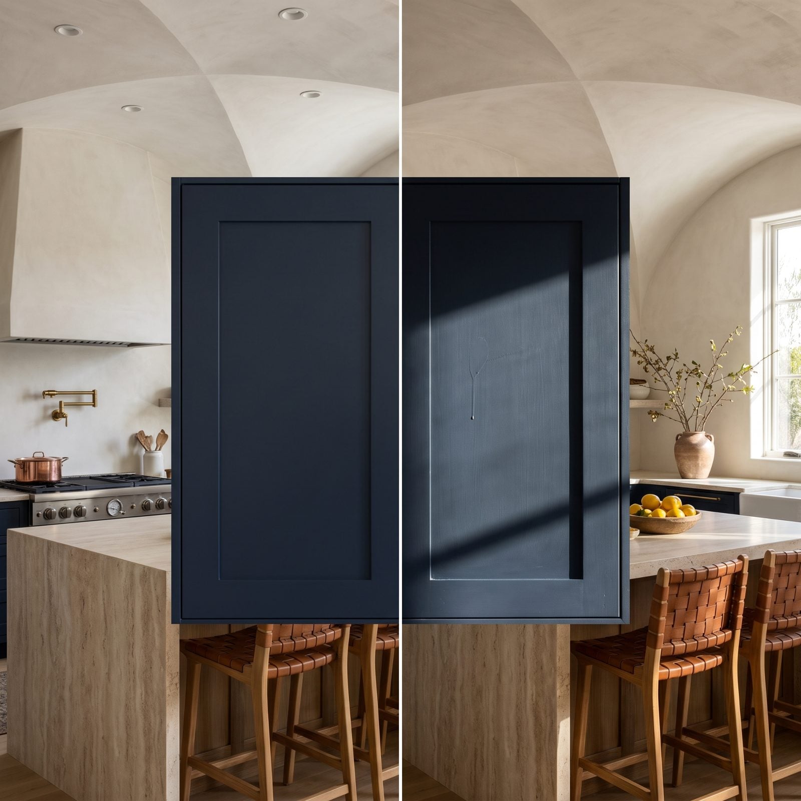 Dim garage painting station with a hard-to-see drip on a cabinet door beside a bright angled LED work light.