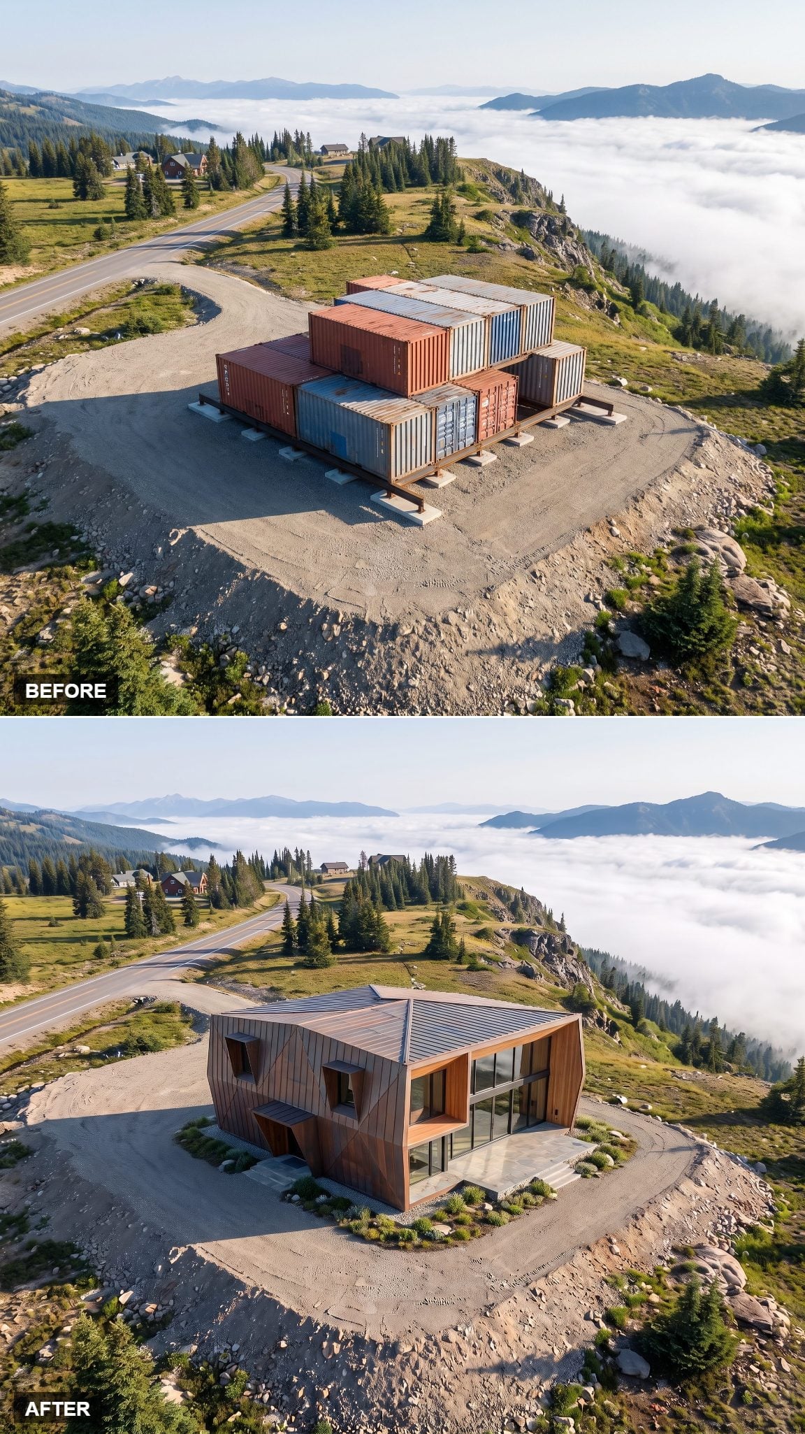 Shipping container house concept wrapped in copper-toned cladding