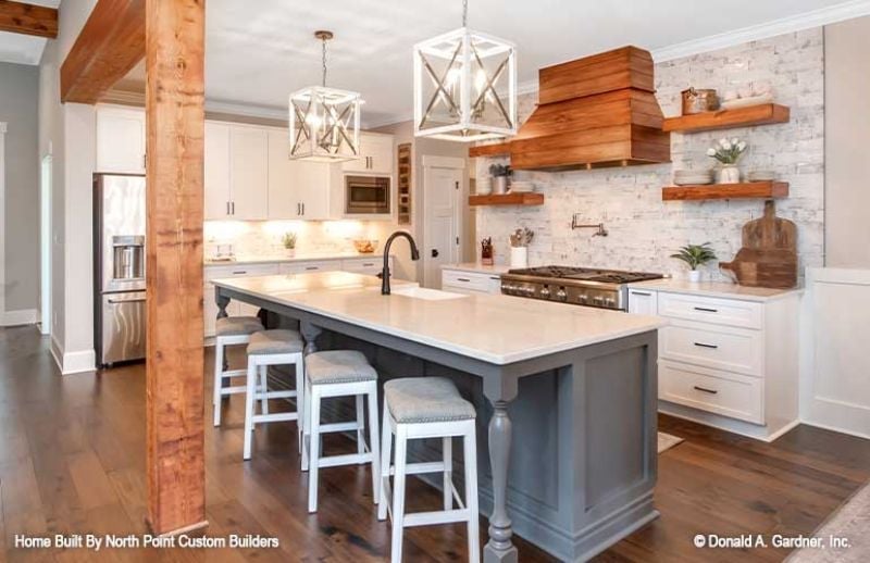 Gray Island, Wood Hood, and a Faucet Placed Exactly Where It Belongs