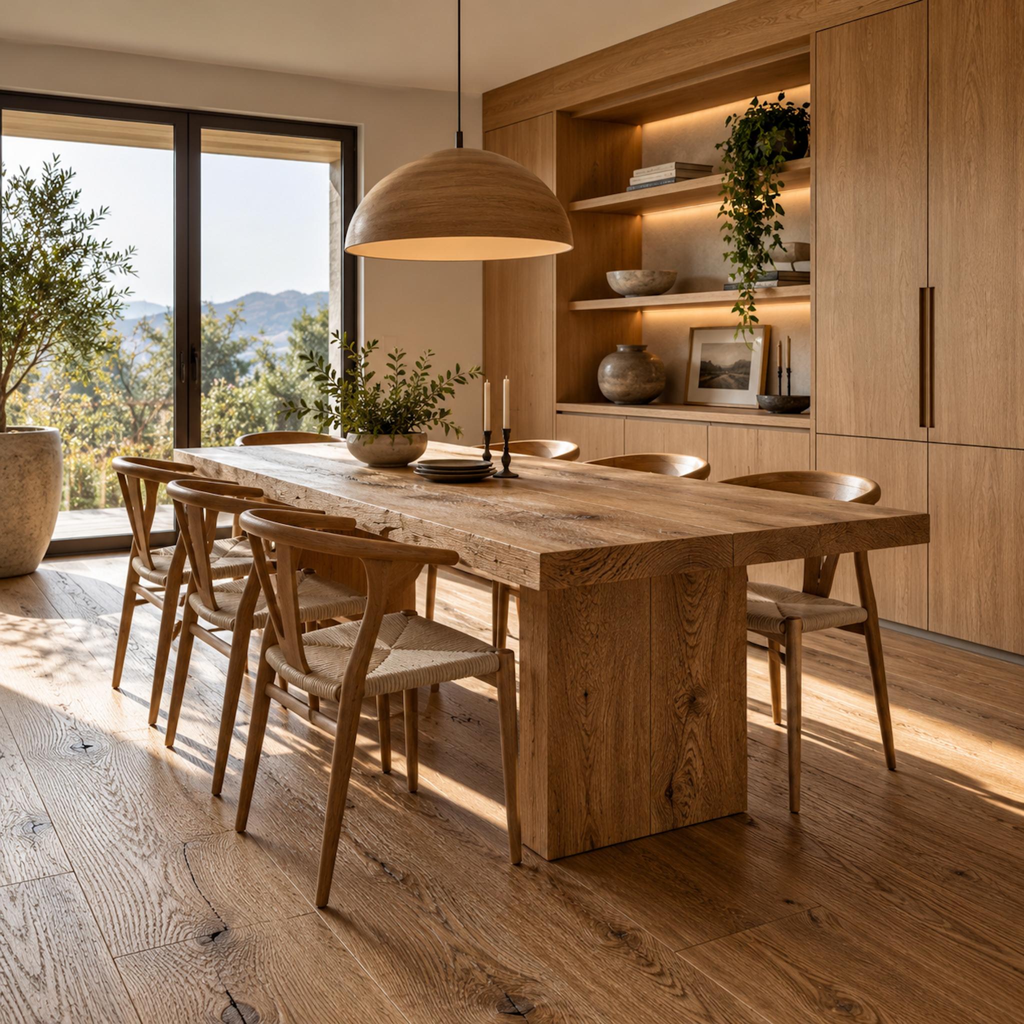 Sunlit dining room with textured oak flooring, smooth oak built-in cabinetry, and a matte oak dining table