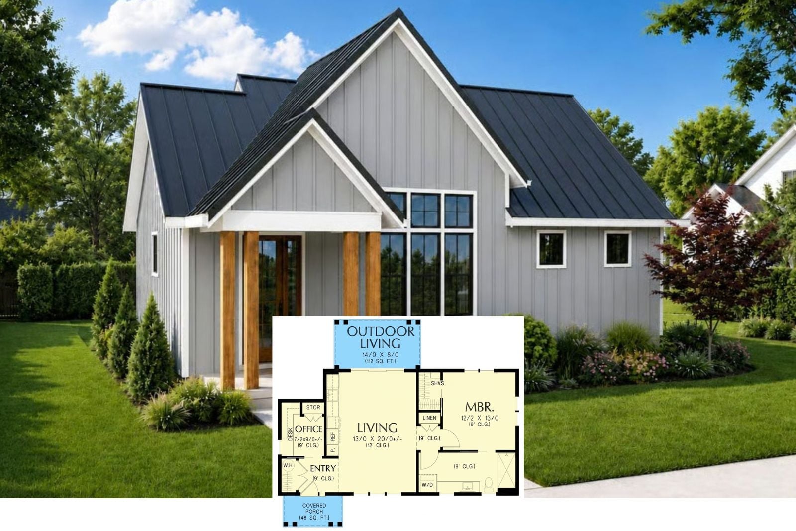 Pewter Gable 1-Bedroom Modern Farmhouse Cottage House Plan with Covered Outdoor Living (803 Sq. Ft. Floor Plan)