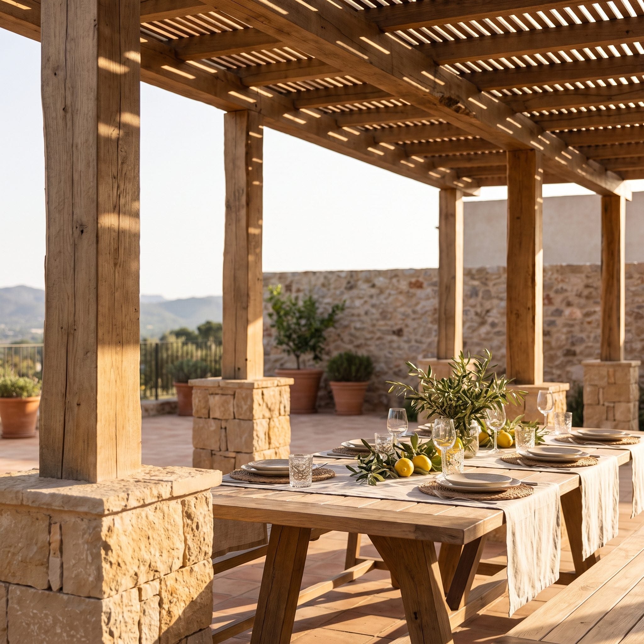 Limestone dining terrace outlined by a slim pergola with posts at each corner, a teak dining table and a planter along the rear