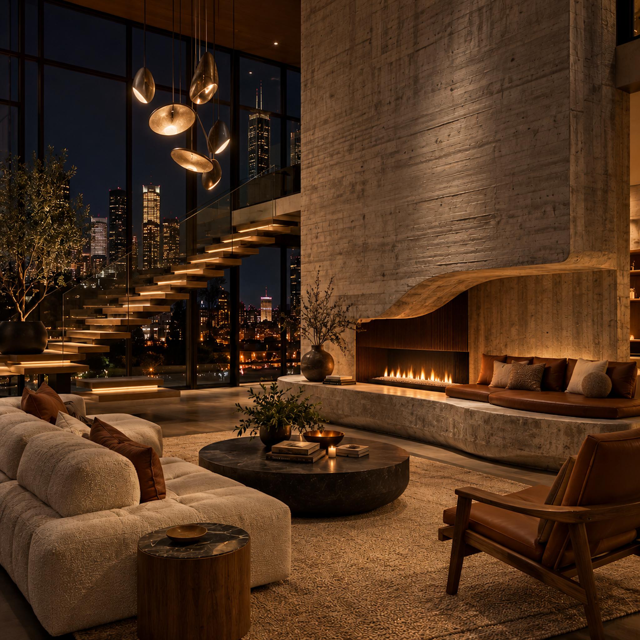 Double-height contemporary loft with illuminated floating timber staircase, glass railing, sculptural concrete fireplace wall, and upholstered hearth seating