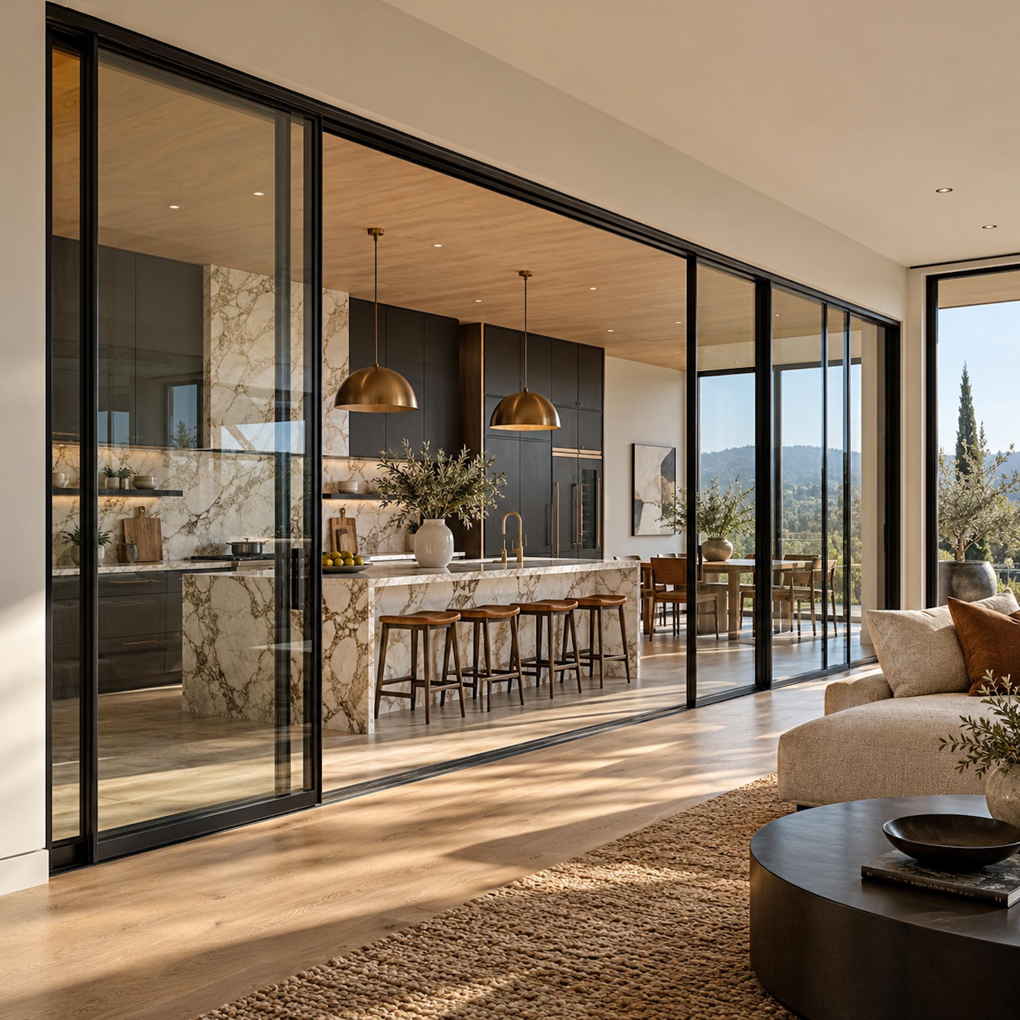 Full-height black-framed sliding glass panels separate a luxurious marble kitchen from a contemporary living room