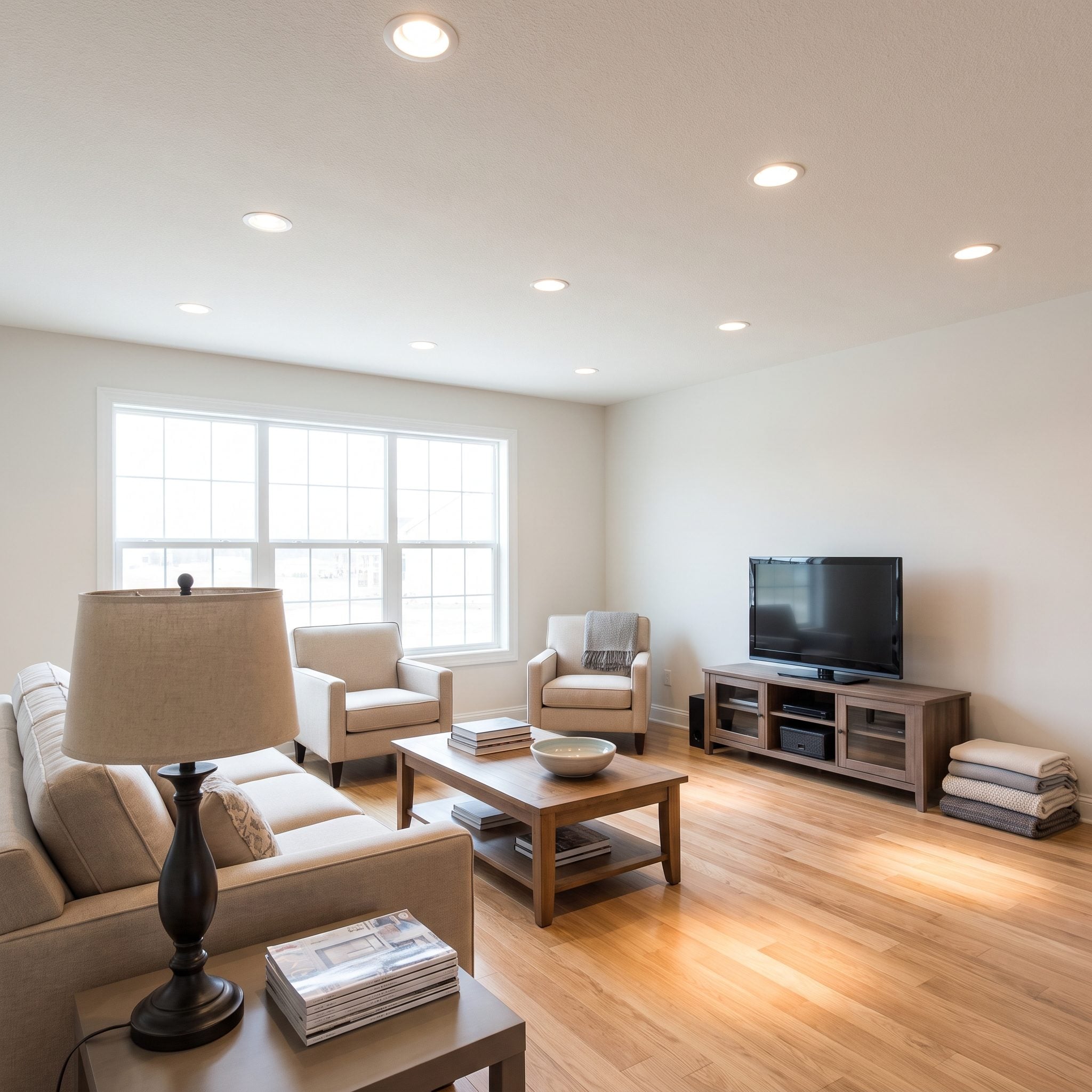 Living room using table lamps beside the sofa instead of relying only on recessed ceiling lights