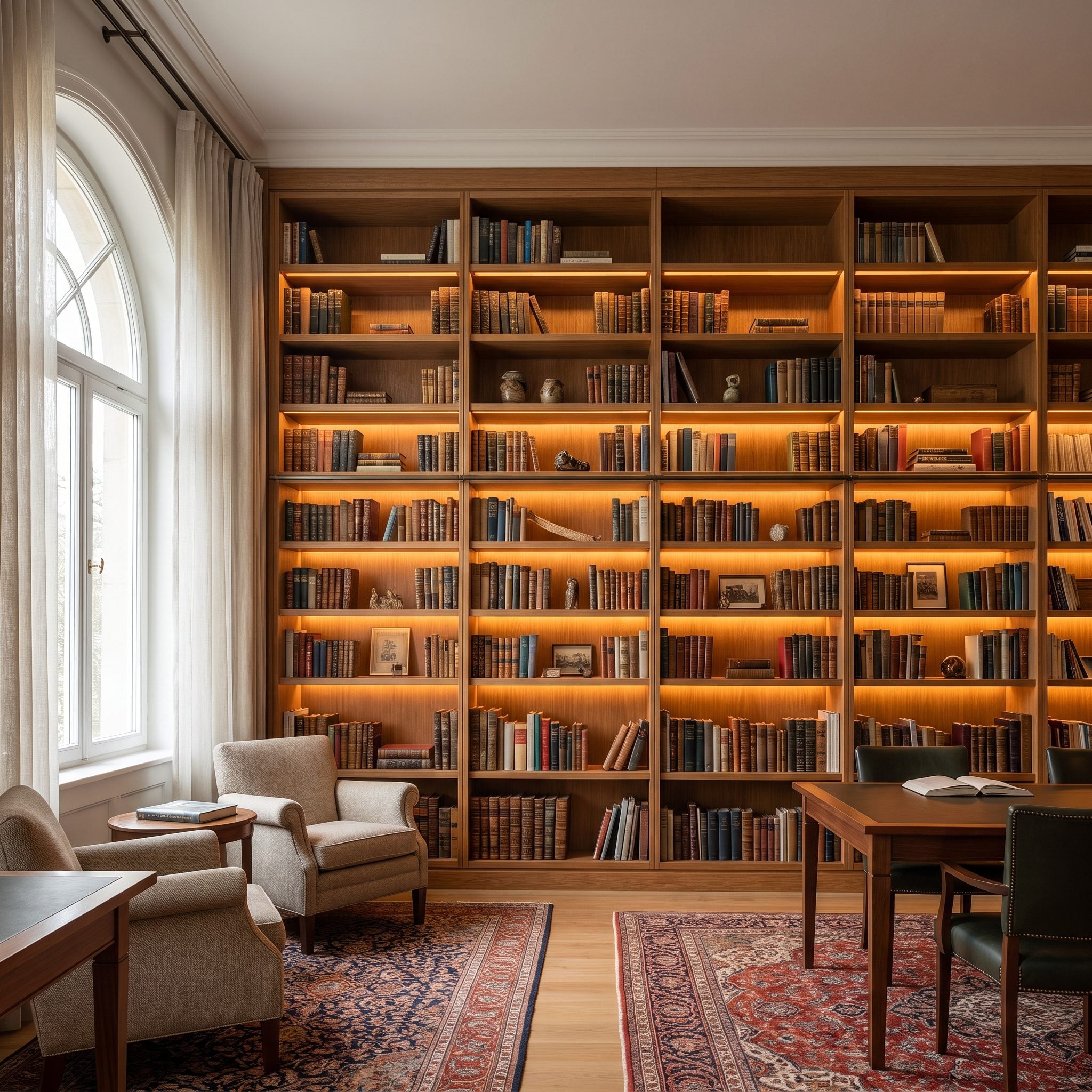 White oak bookcases illuminated with warm concealed shelf lighting