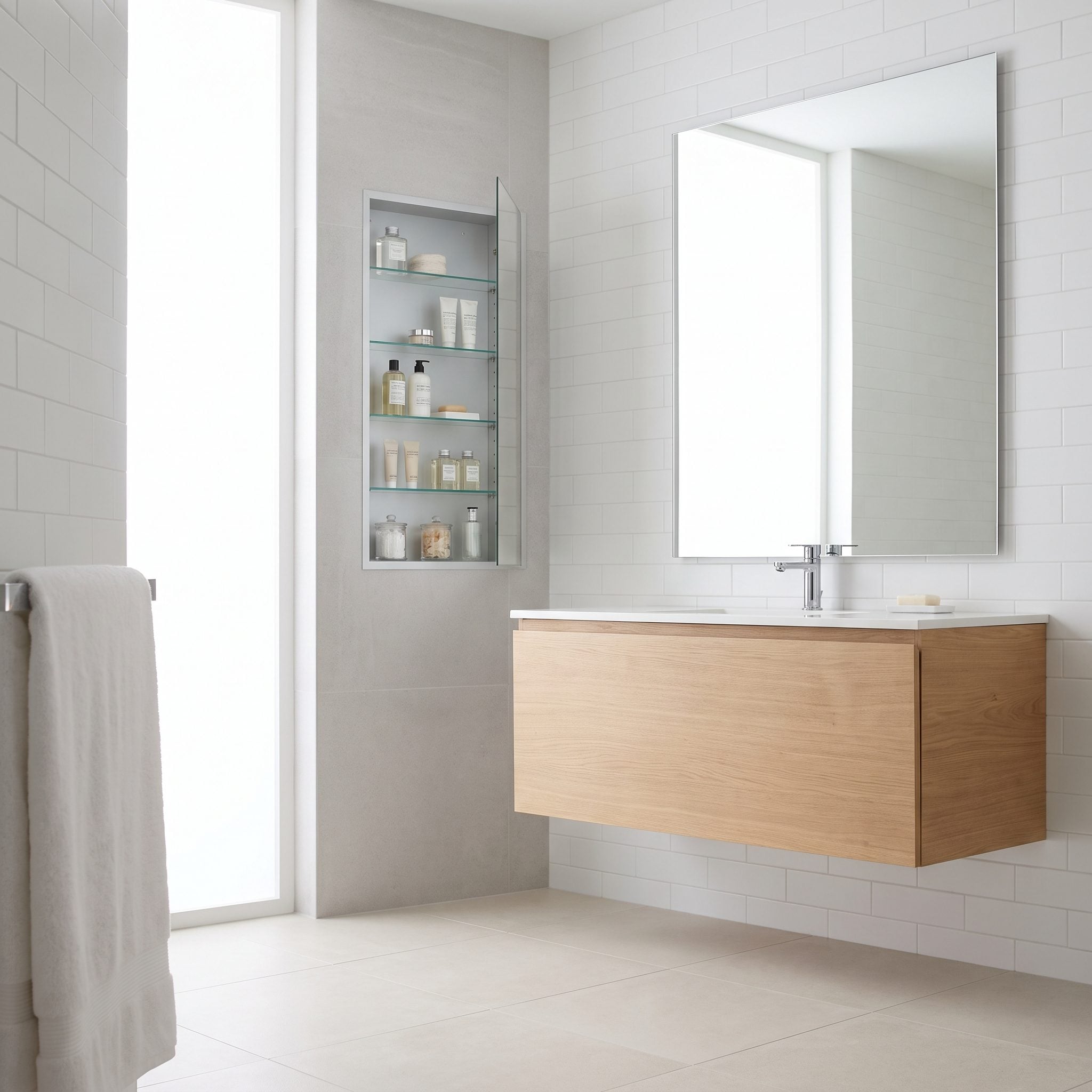 Bathroom with a recessed mirrored medicine cabinet and slim brass sconces