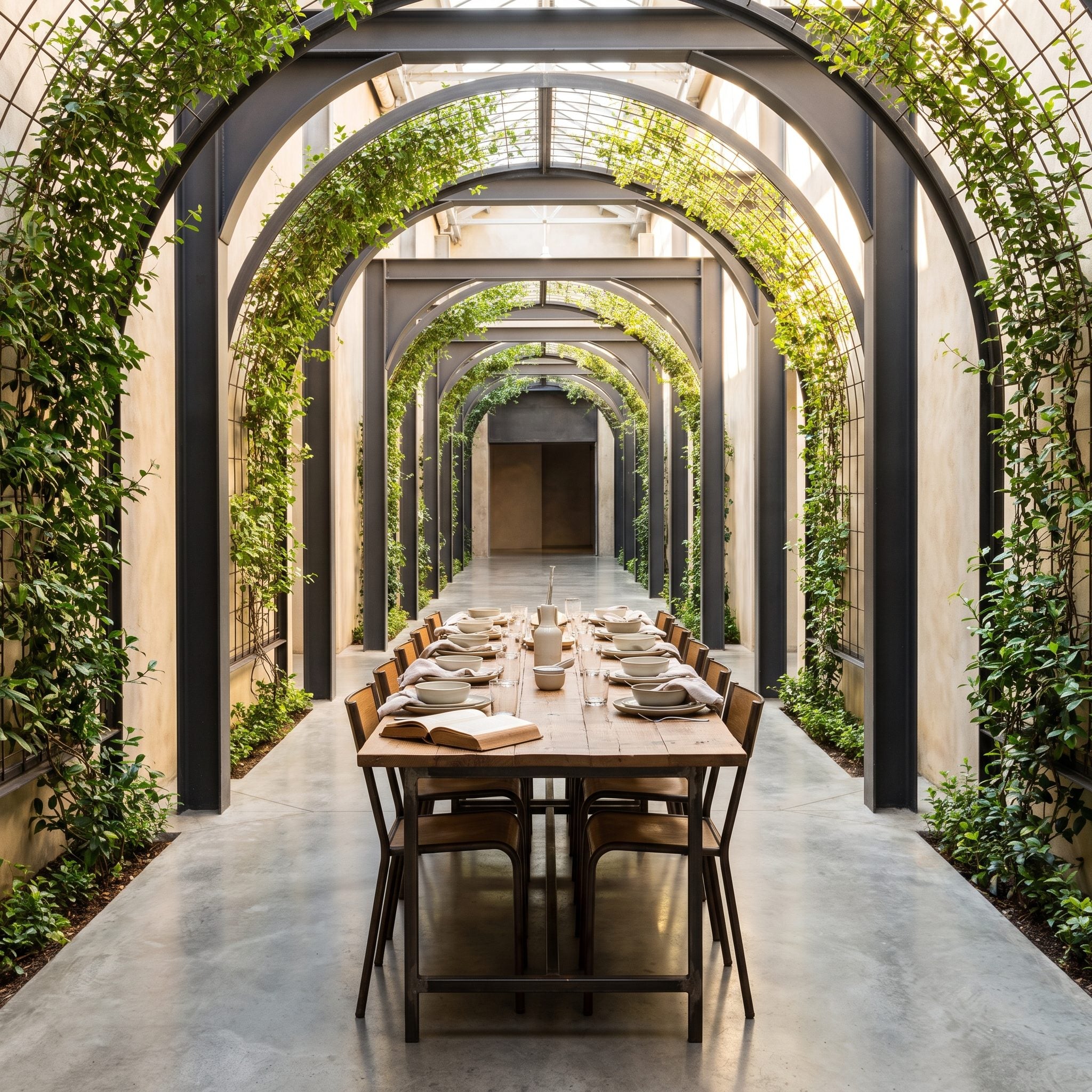 Long wooden dining table beneath a procession of vine-covered steel arches with a glass roof, plaster walls and polished concrete floor