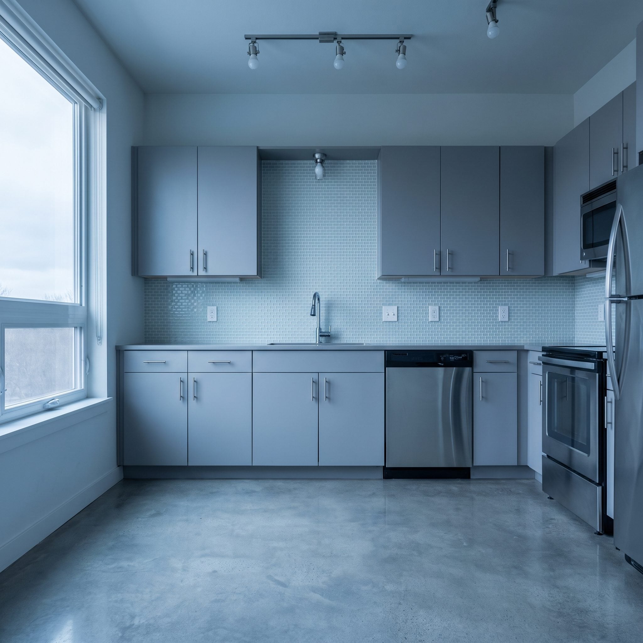 Gray kitchen refreshed with oatmeal porcelain backsplash, clay-beige walls, and brushed-copper cabinet pulls