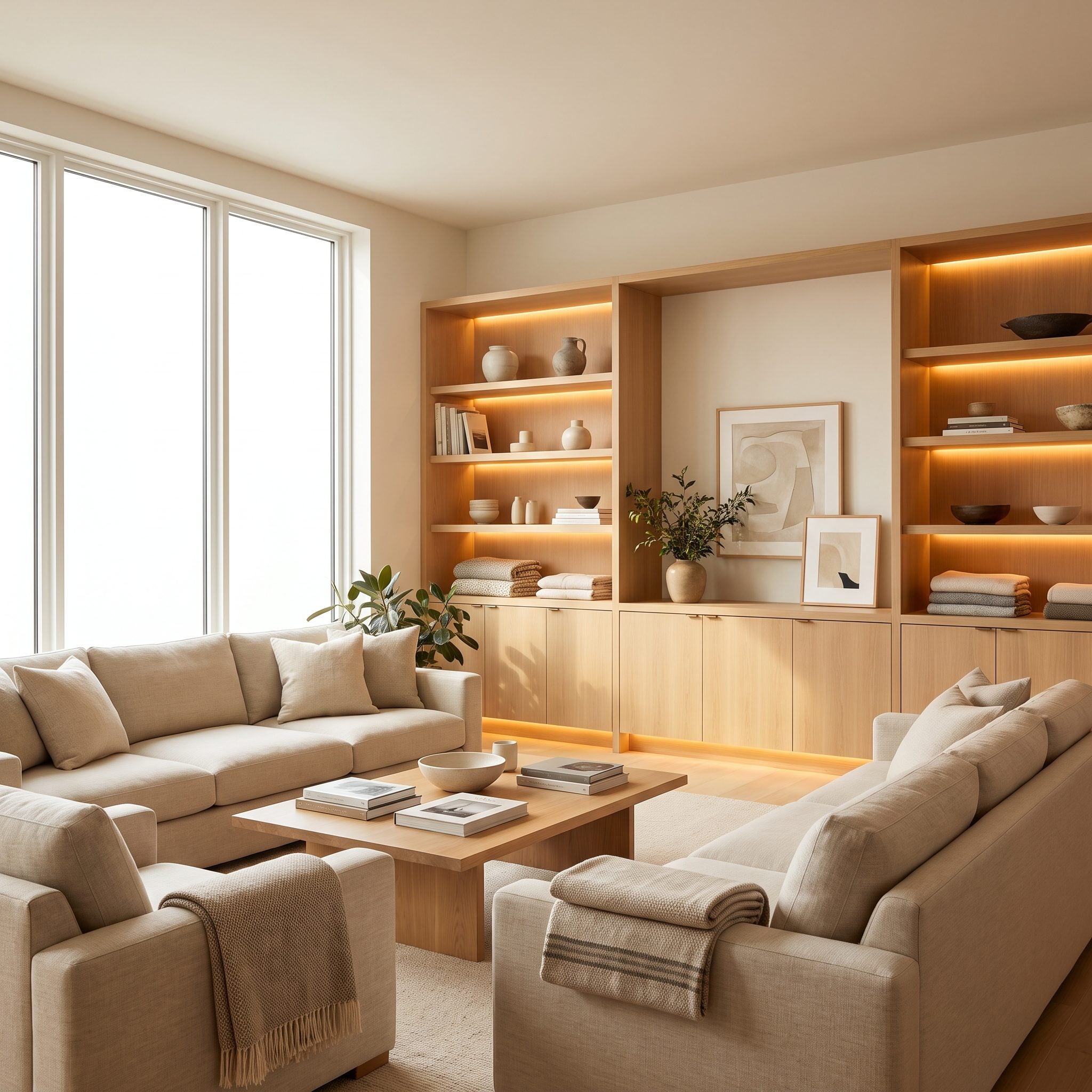 Living room built-ins with warm puck lights illuminating individual display niches