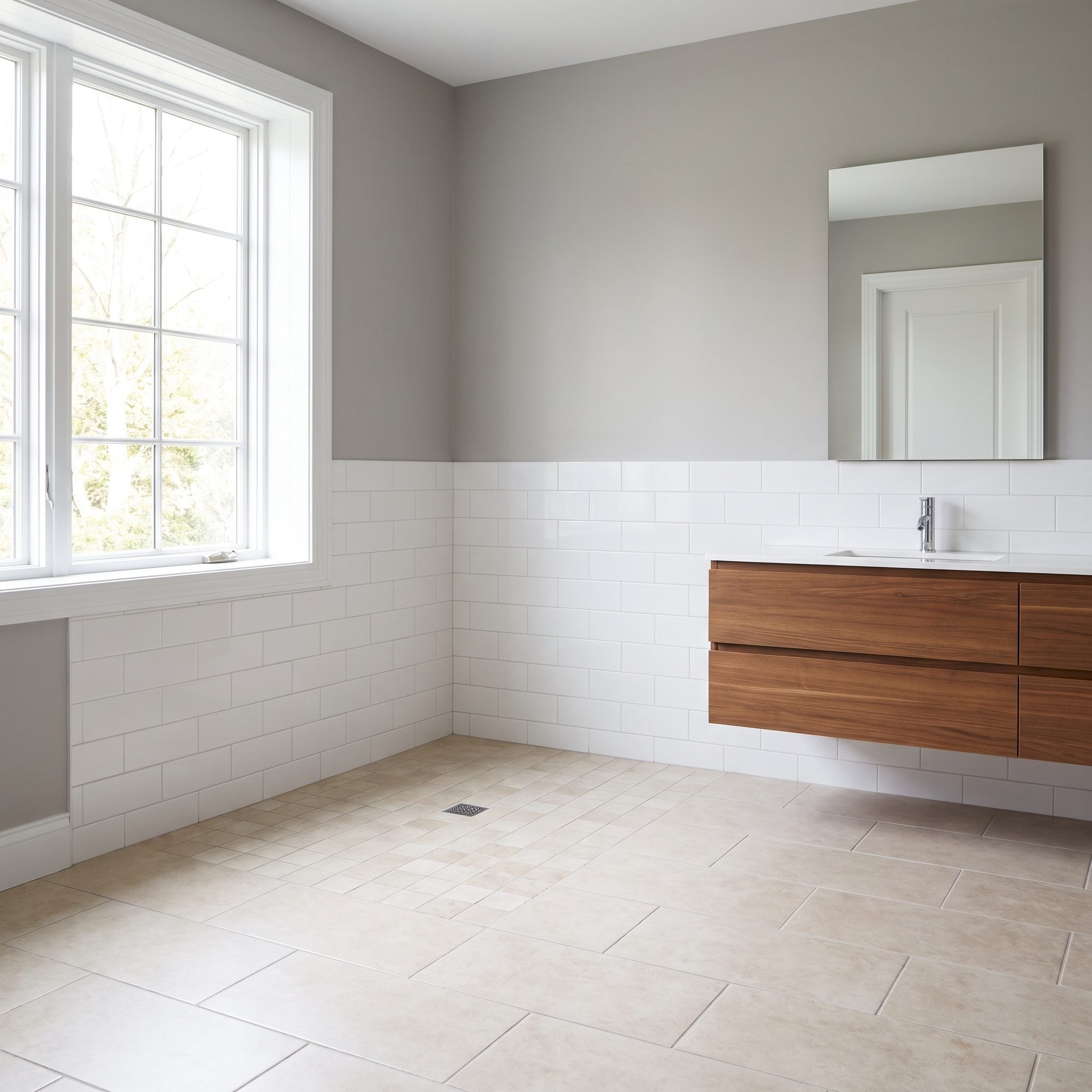 Bathroom with a rectangular alcove tub aligned to one wall and open floor around it