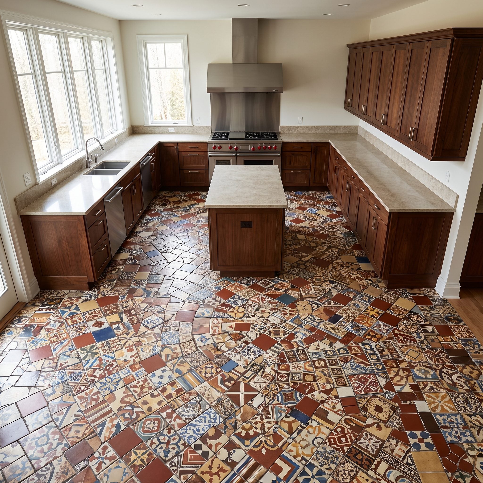 Sage-green horseshoe kitchen with large warm-gray porcelain floor tiles replacing a busy diagonal pattern
