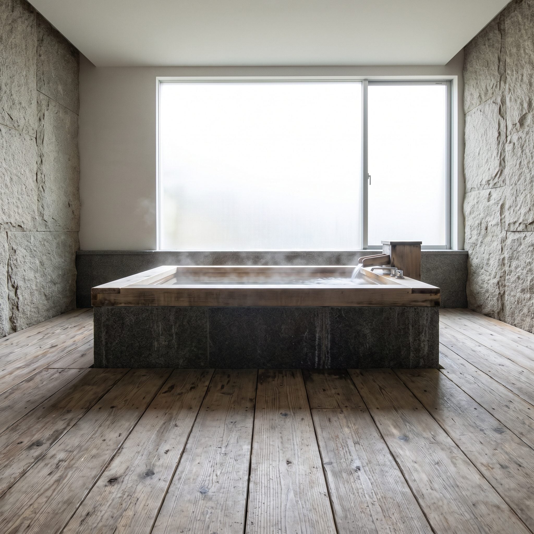 Bright bathroom with a compact deep soaking tub in the corner and open floor in front of it