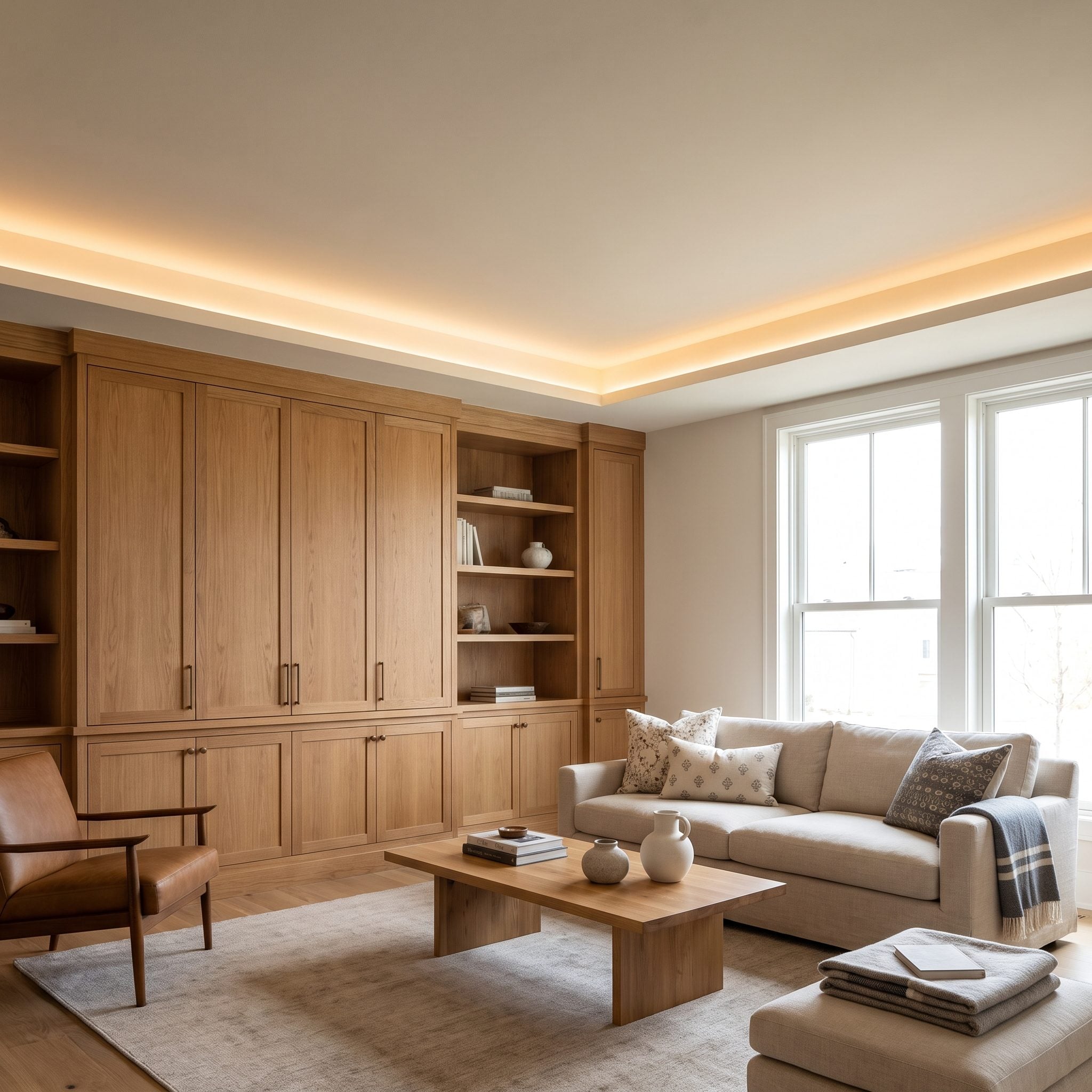 Oak living room millwork with concealed indirect lighting washing the ceiling