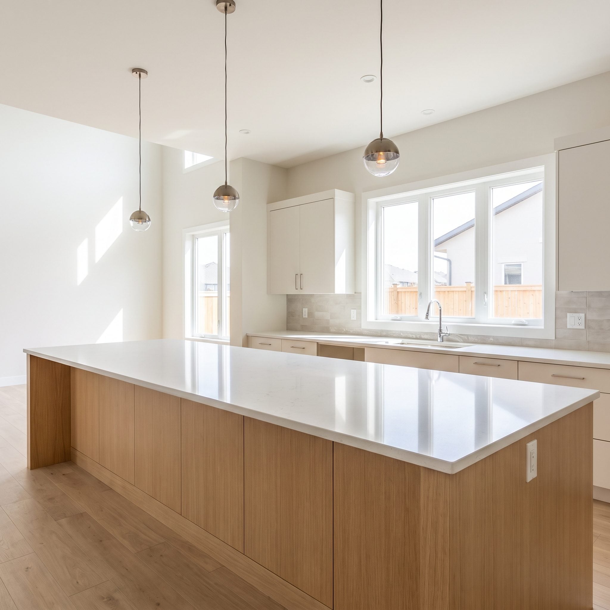 Long walnut kitchen island transformed with a properly proportioned bronze linear light fixture
