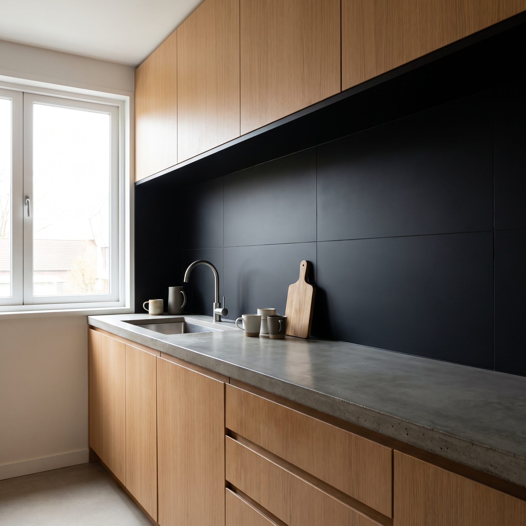 Compact kitchen with black lower cabinets, oak uppers, and a new glossy pale-celadon backsplash