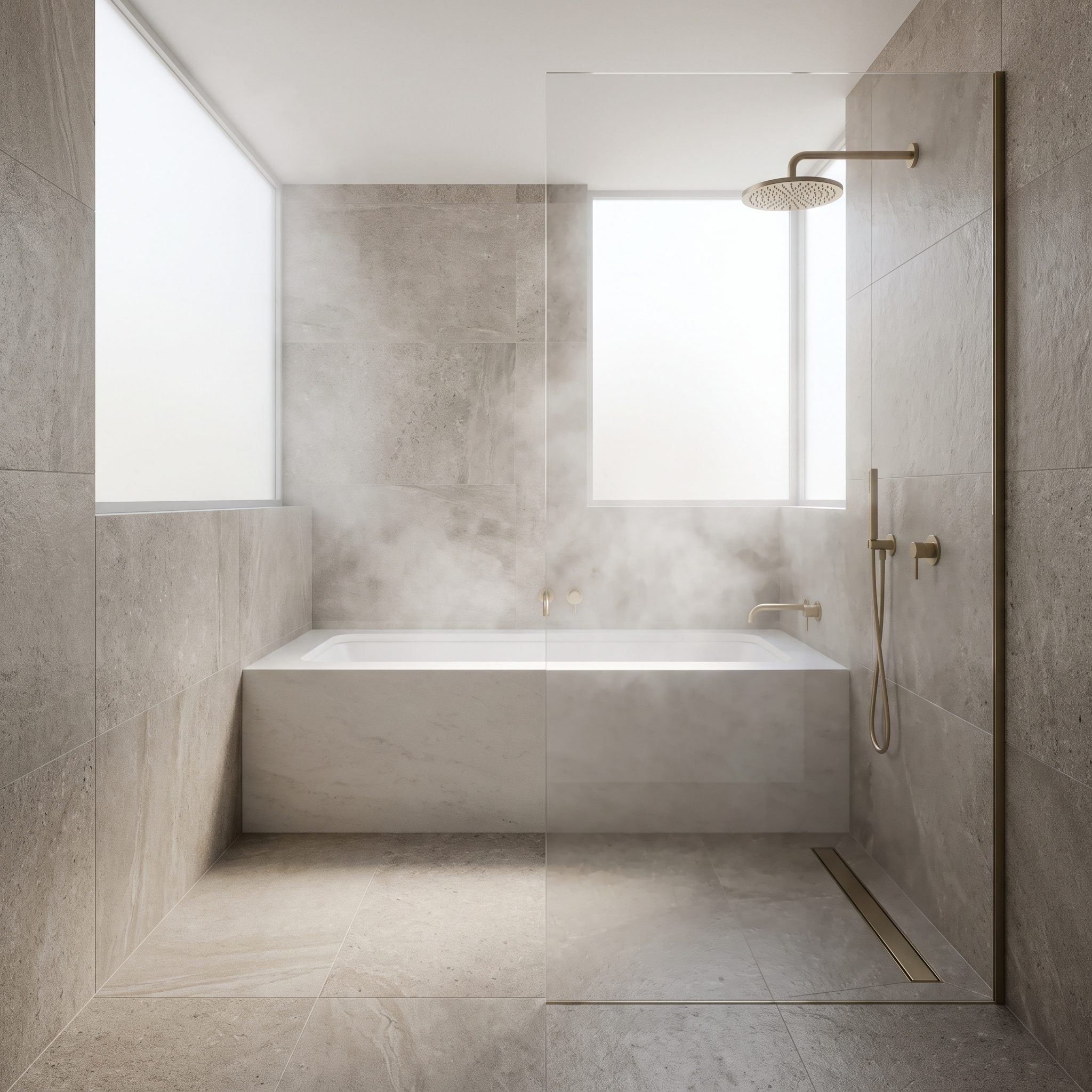 Bathroom with a freestanding tub and shower sharing one waterproofed wet zone behind glass