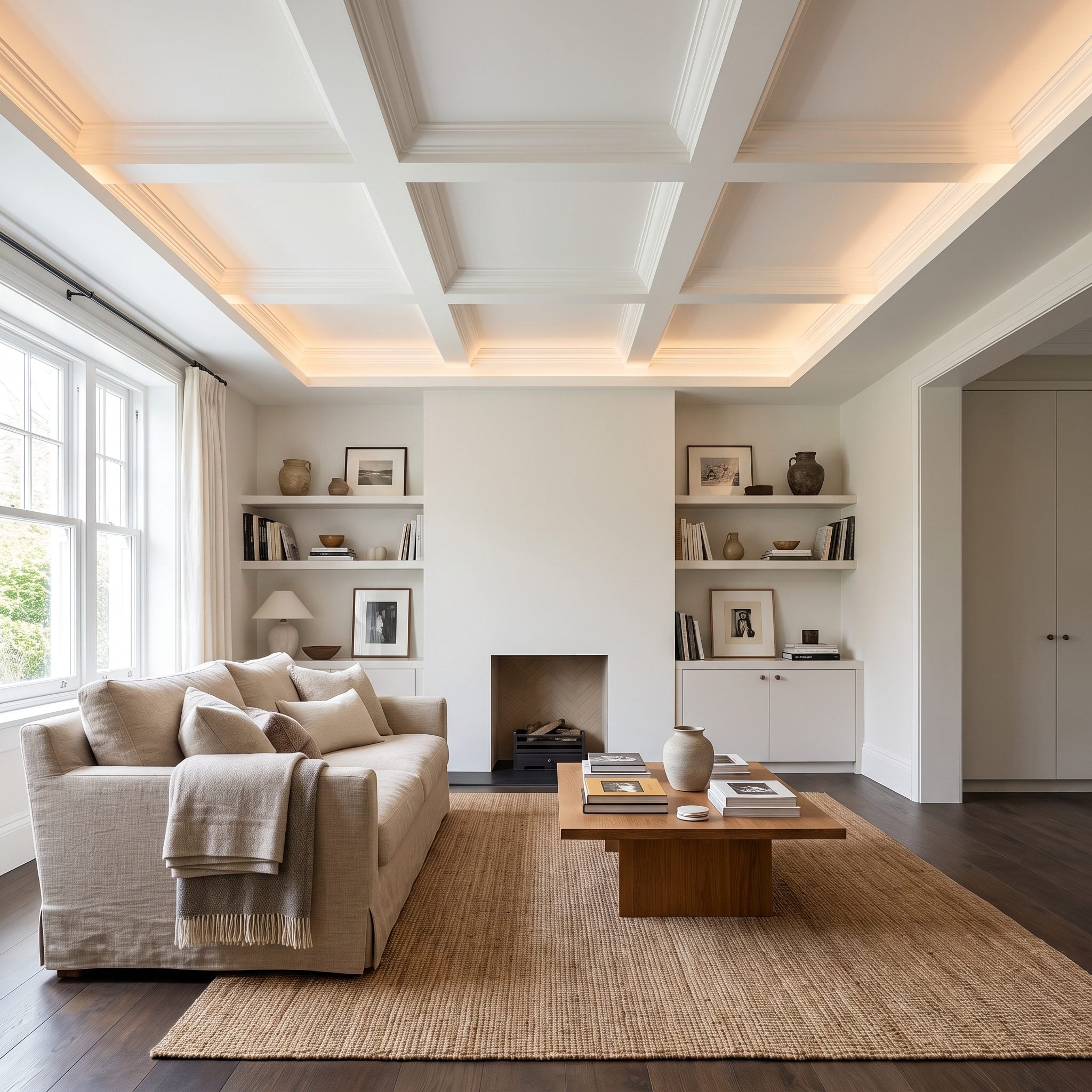 Living room with concealed cove lighting illuminating the ceiling perimeter