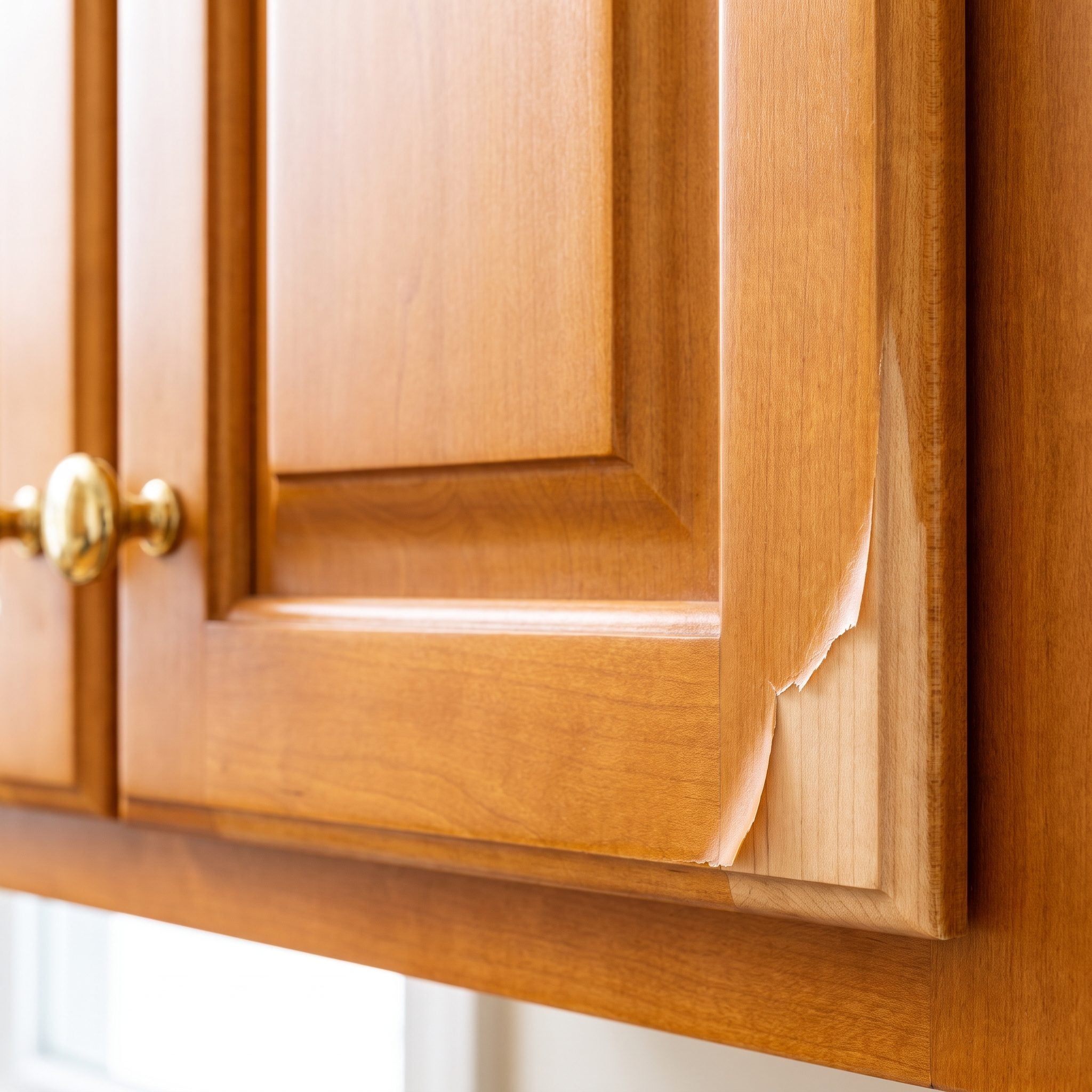 Maple kitchen cabinets refinished in a pale neutral tone with charcoal counters and brushed-steel hardware