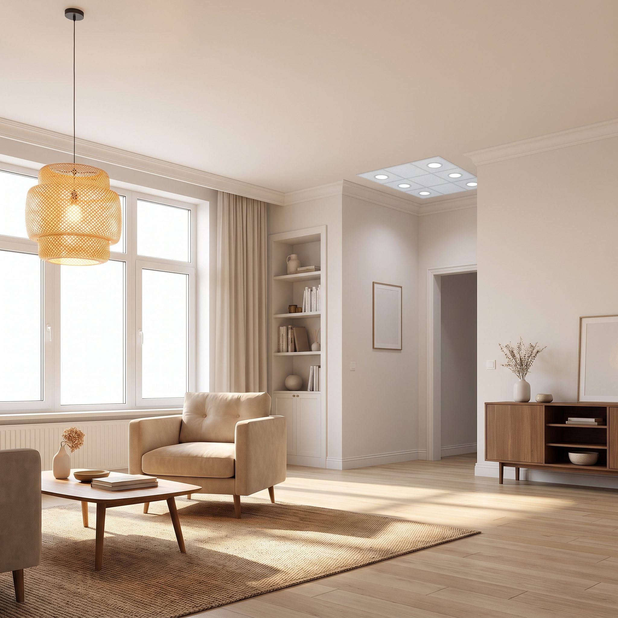 Living room with a sculptural rattan pendant instead of a grid of recessed downlights