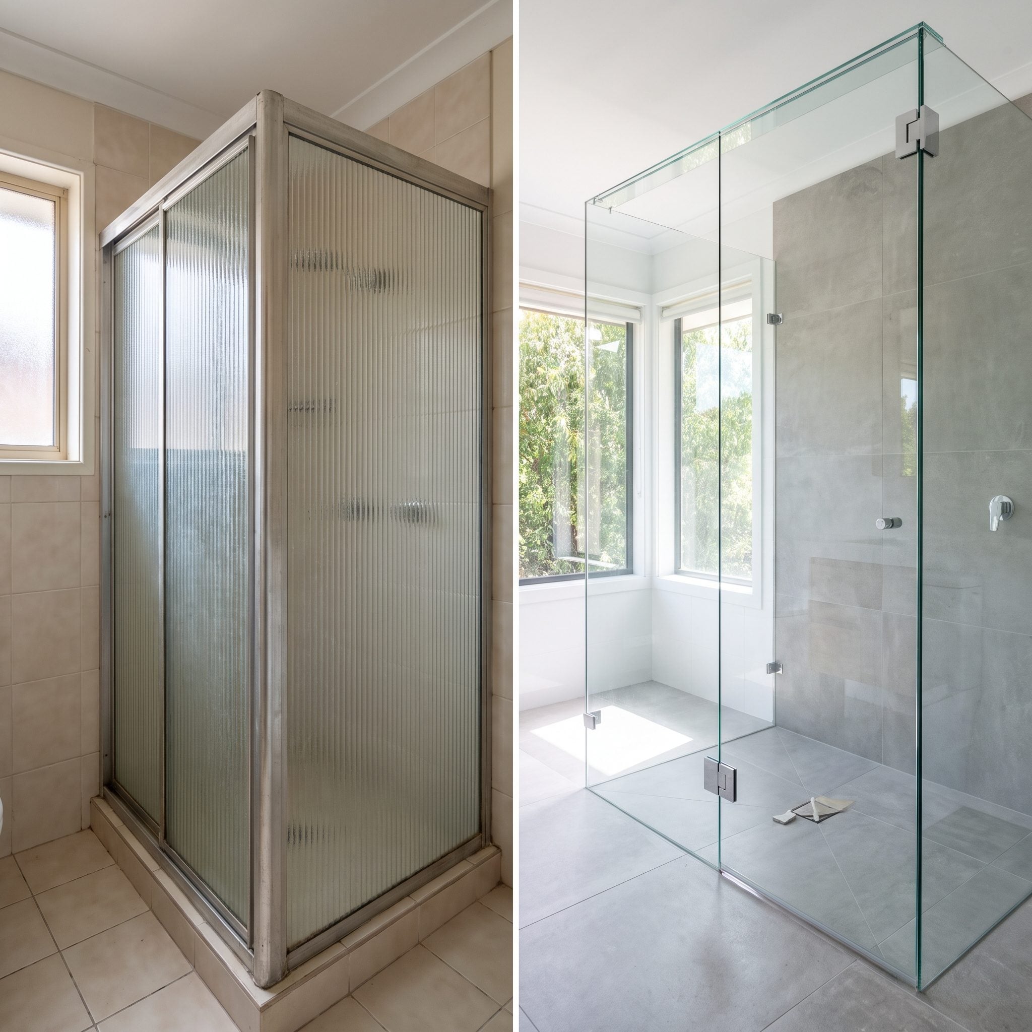 Bathroom with a frameless glass shower revealing a white vertical-stack tile wall and black rainfall head