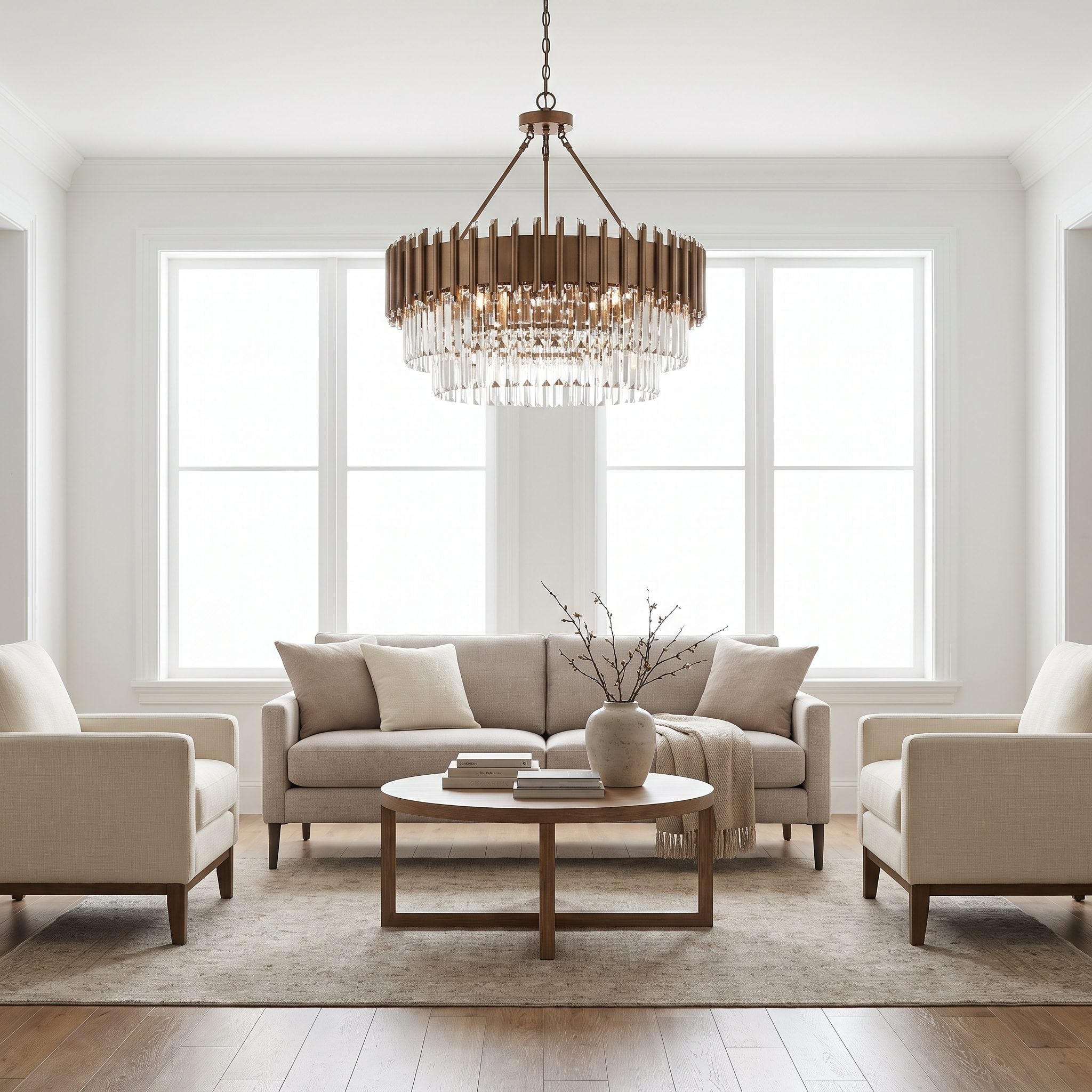 Living room seating group centered beneath a brass chandelier