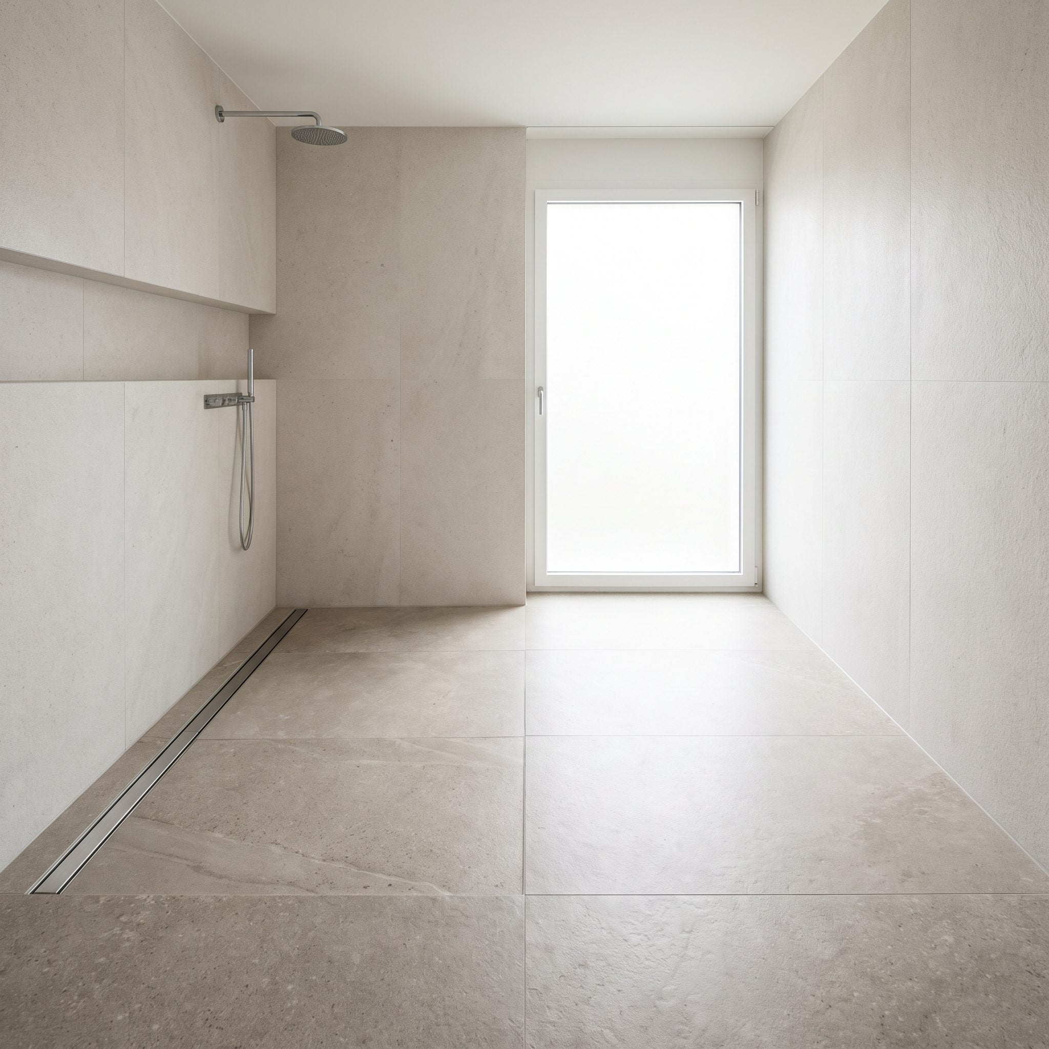 Bathroom with floor tile running unbroken into a curbless walk-in shower with a flush linear drain