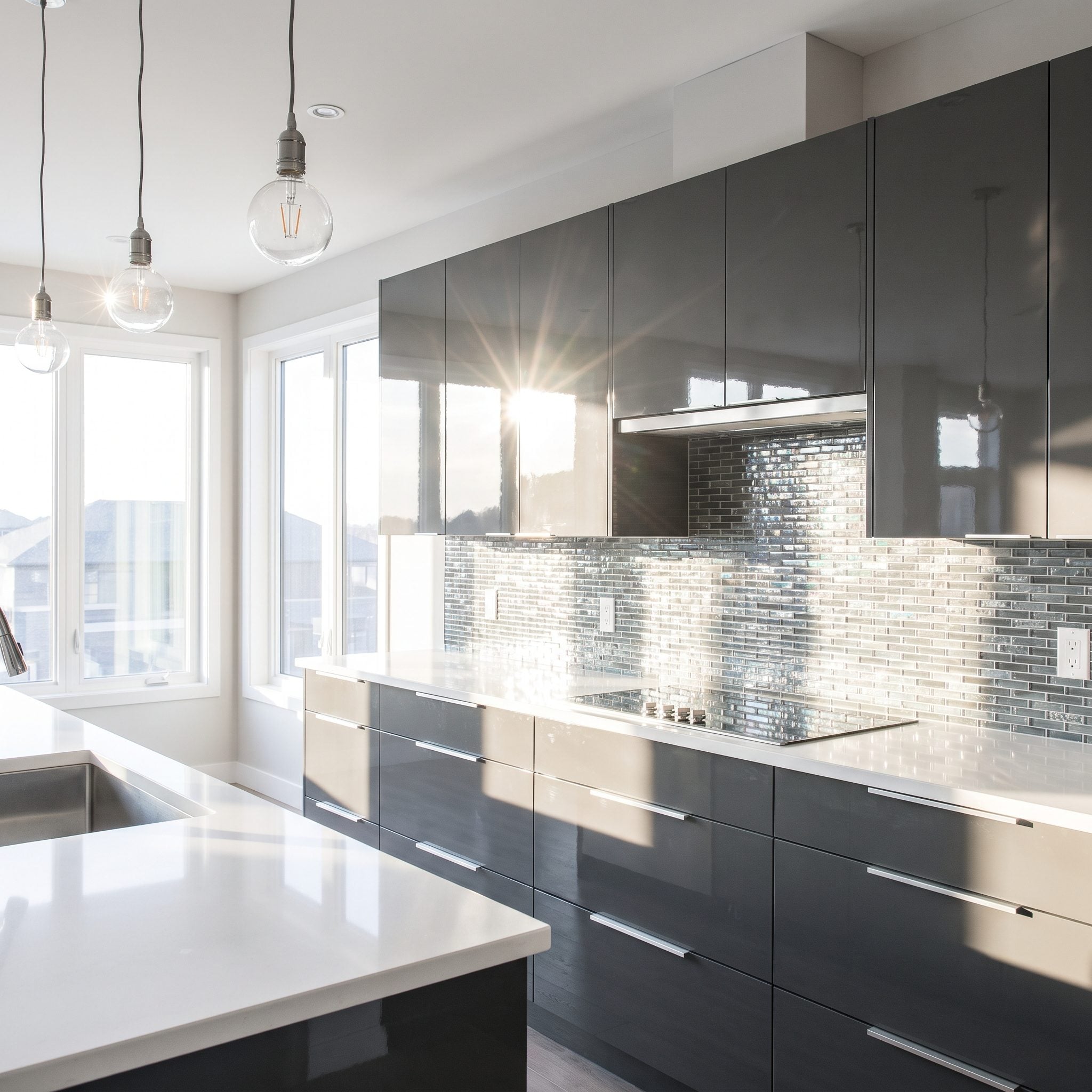 Kitchen transformation balancing satin taupe cabinetry, matte ivory backsplash tile, and polished white countertops