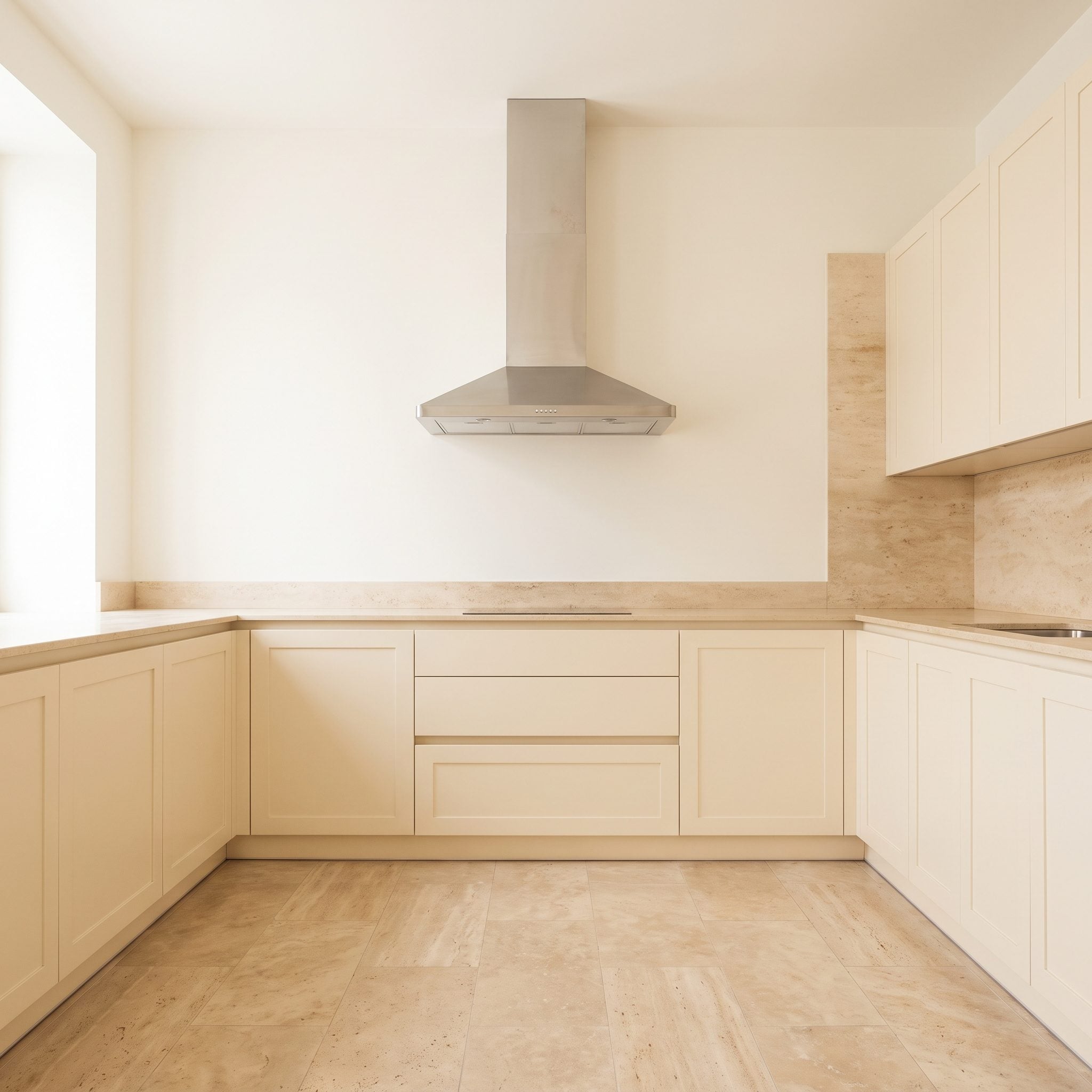 Mediterranean kitchen transformation featuring a sculptural cream plaster range hood and travertine-look backsplash