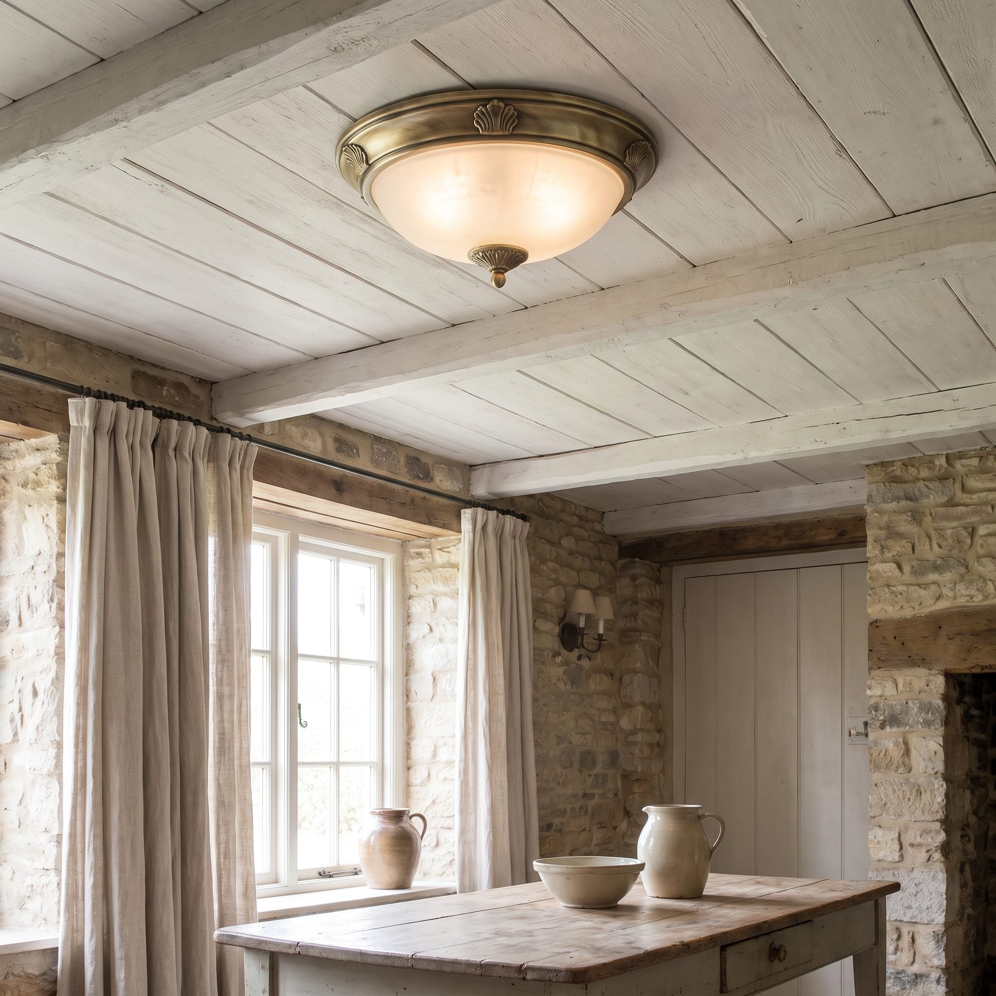 Low living room ceiling with a decorative ribbed-glass brass flush-mount light