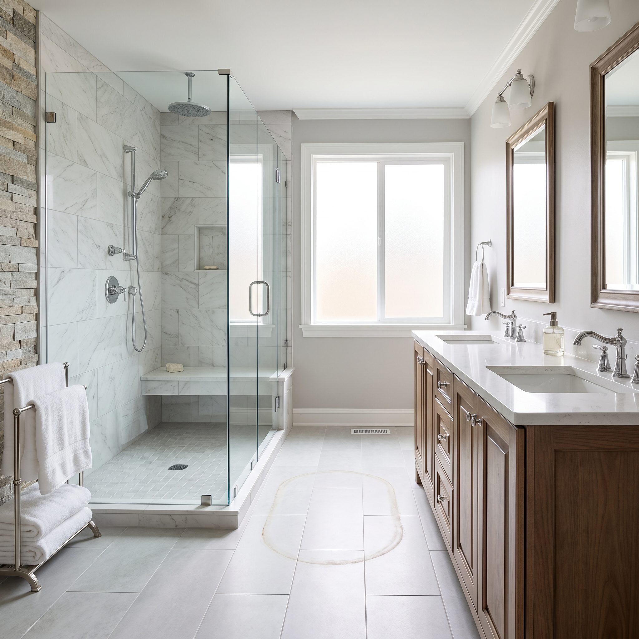 Bathroom with a wide walk-in shower and built-in bench occupying a former tub zone