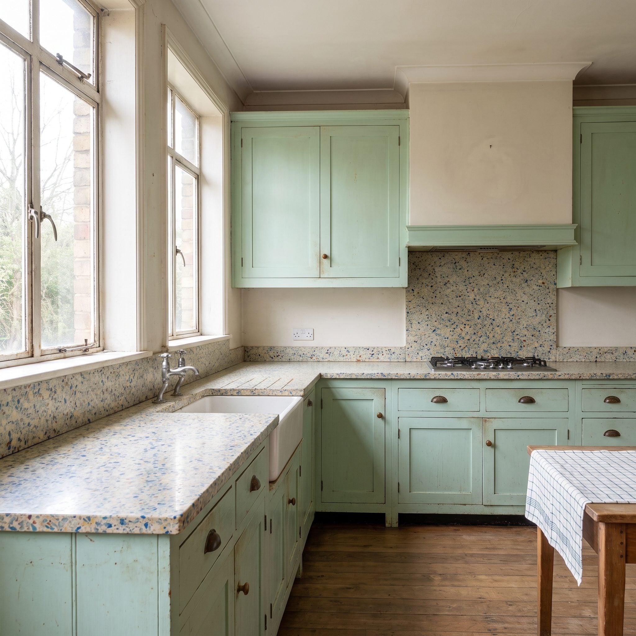 Before-and-after kitchen transformation with deep petrol-blue cabinets and pale terrazzo countertops
