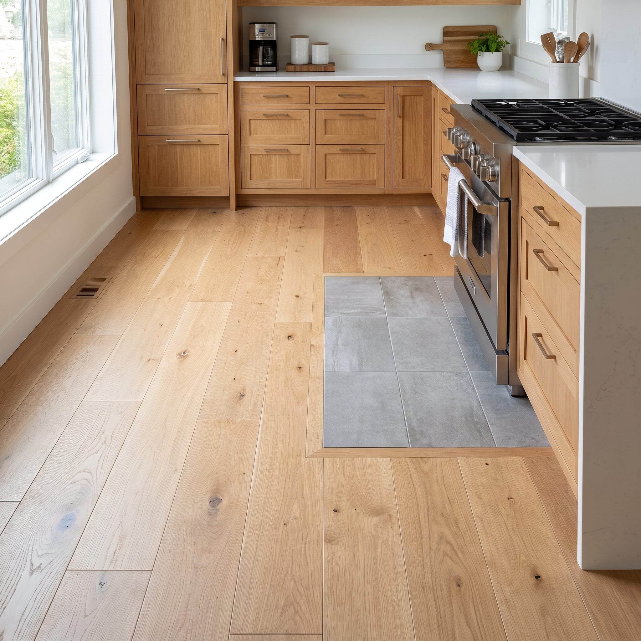 L-shaped kitchen with continuous pale oak-look porcelain flooring replacing mismatched floor sections