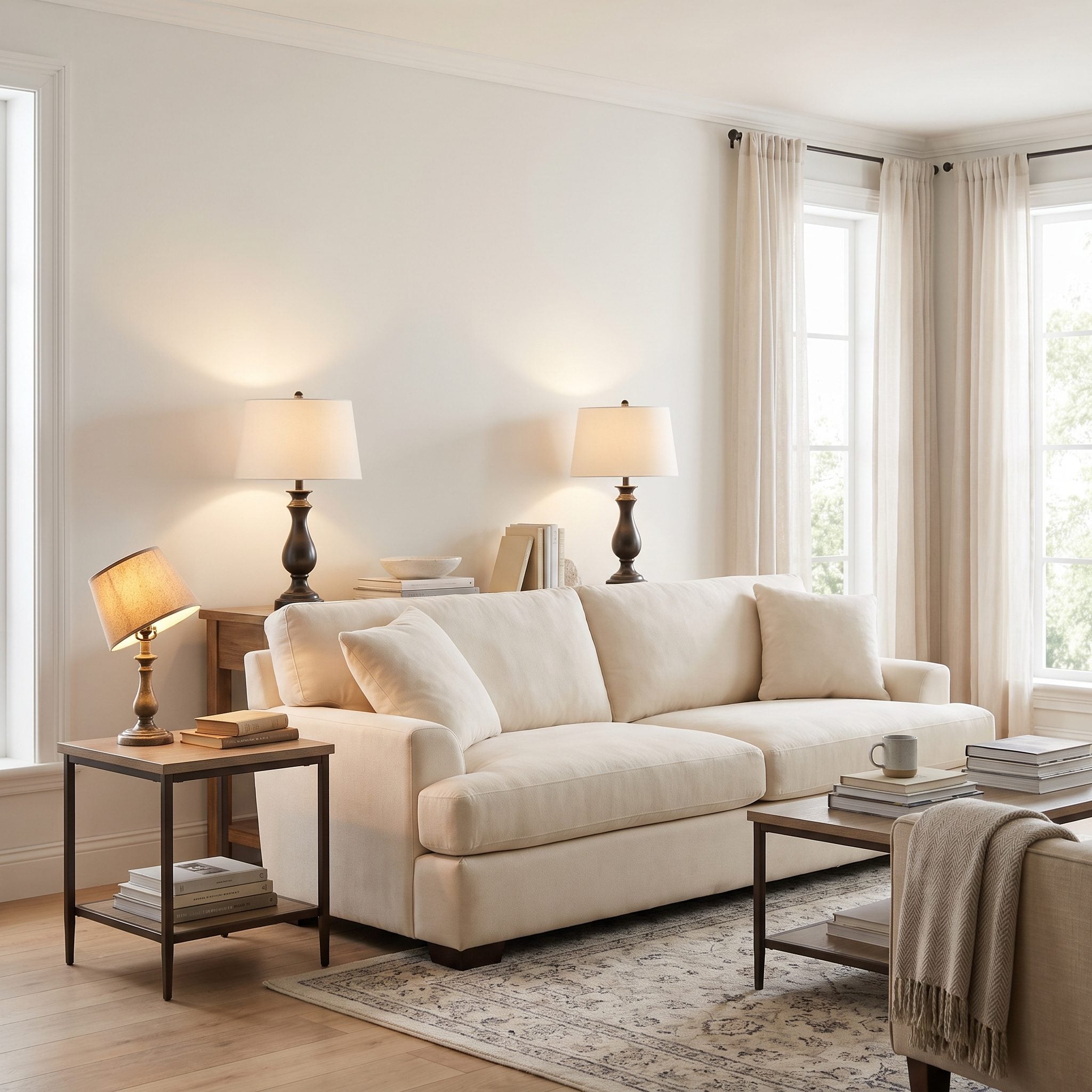 Navy sofa flanked by matching ceramic table lamps on both end tables