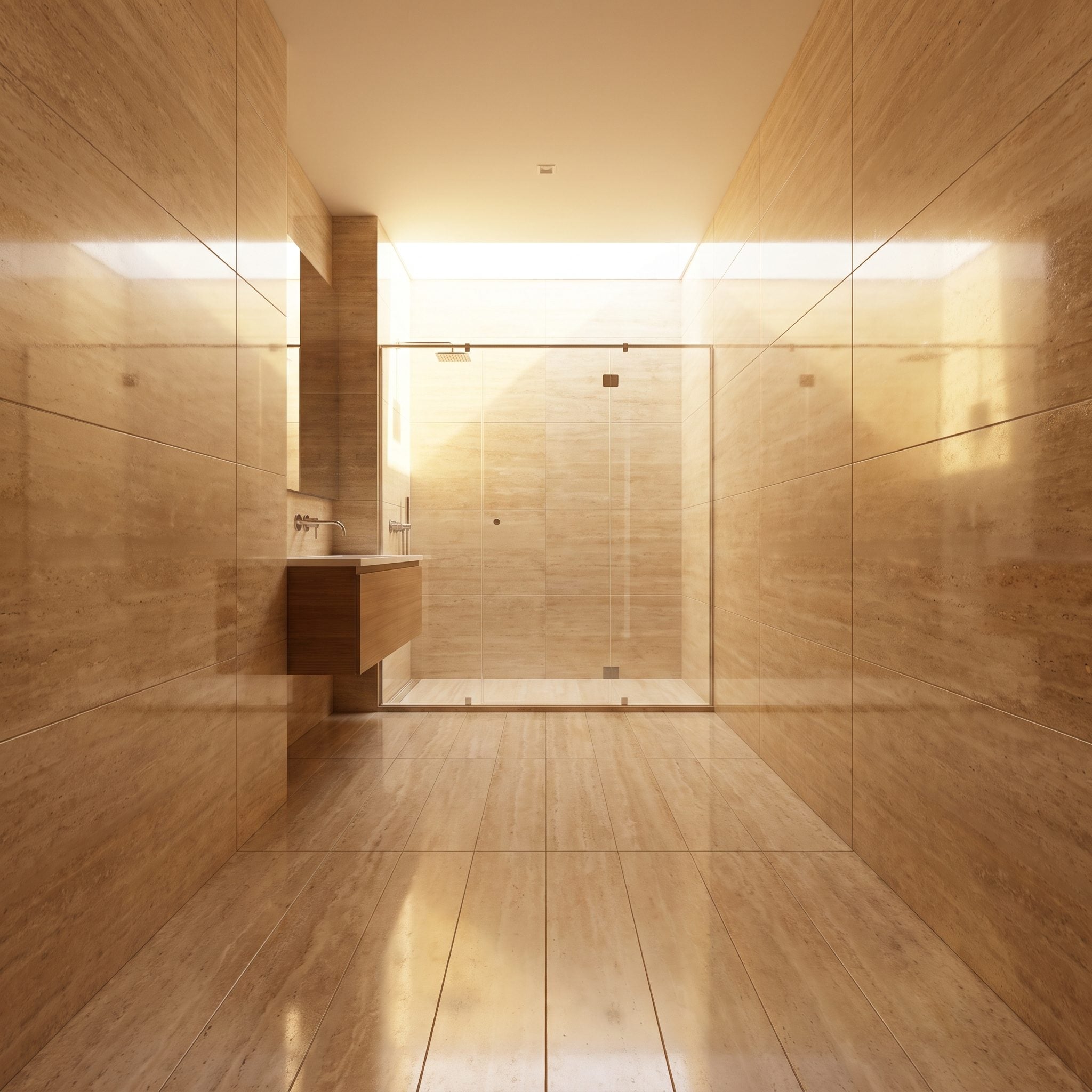 Long narrow bathroom with a full-width walk-in shower at the far end and a window behind the glass