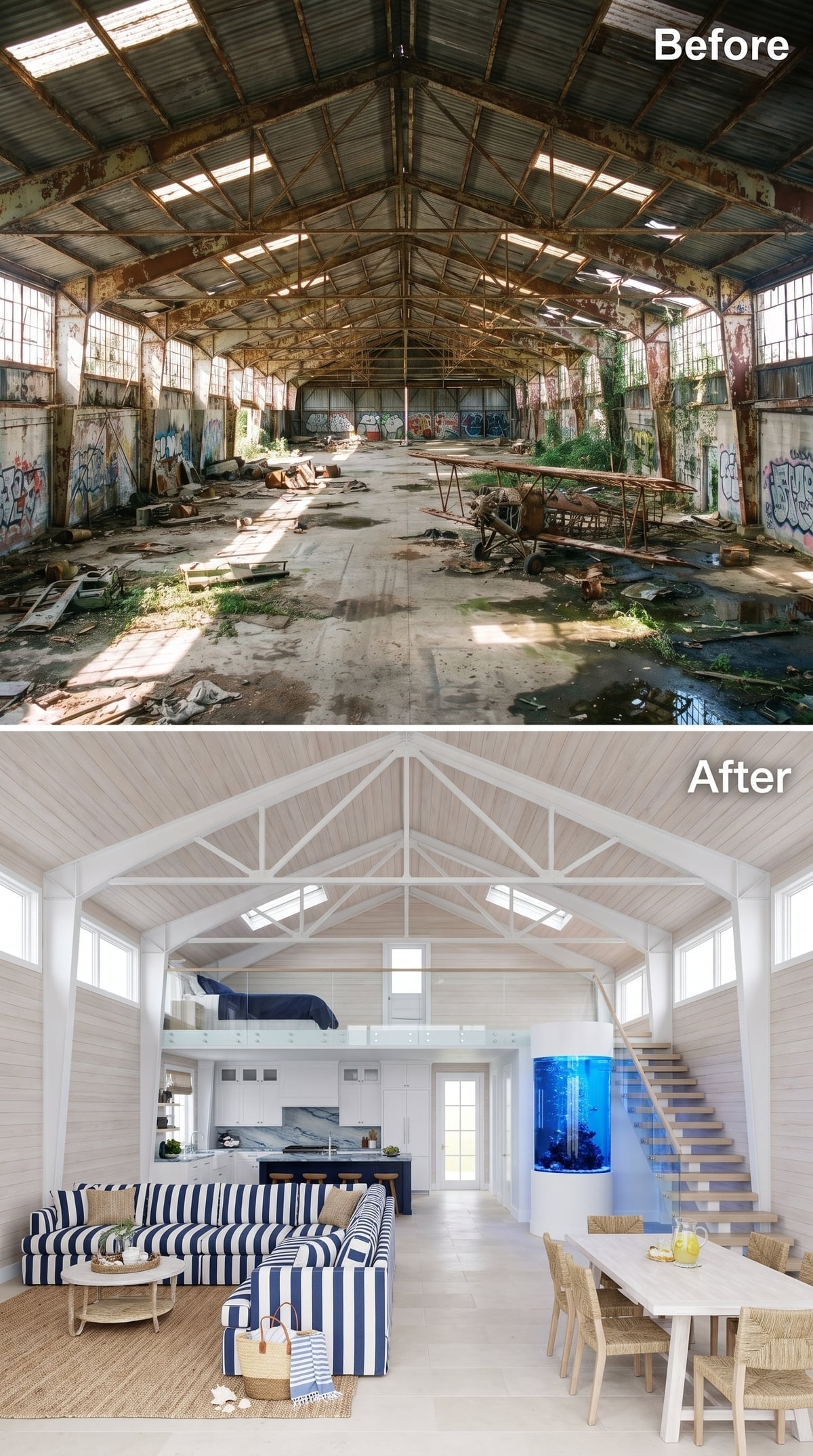 Blue-and-white hangar loft with striped sofas, cylindrical aquarium and glass-fronted mezzanine bedroom