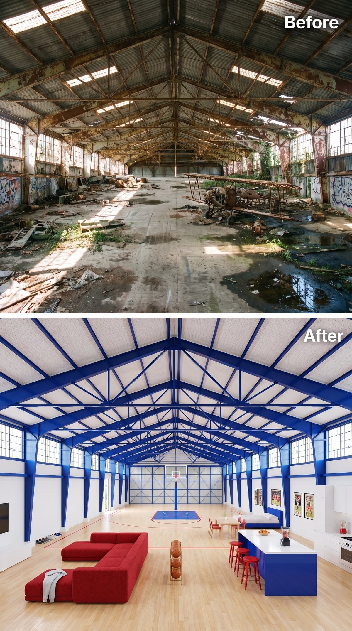 Hangar conversion concept with electric-blue steel trusses, red sofas and an indoor basketball half-court