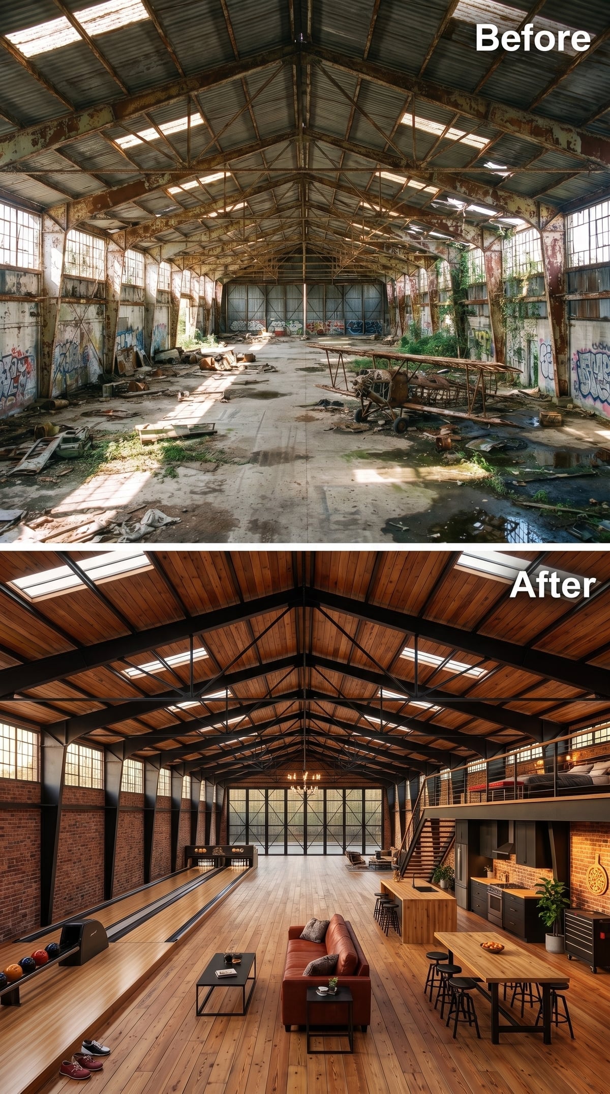 Hangar loft with an indoor bowling lane, brick-accented kitchen and mezzanine bedroom