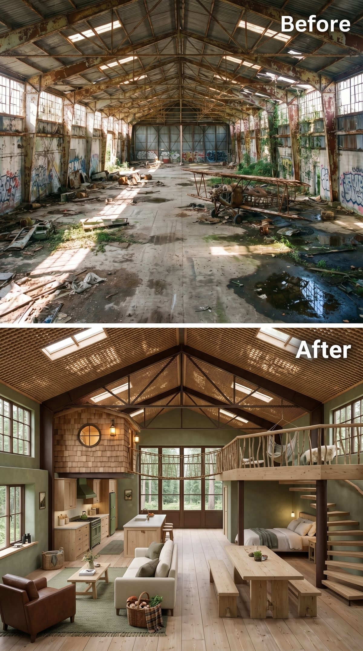 Rustic hangar interior with cedar shingle accents, sage walls and hammock chair near the mezzanine