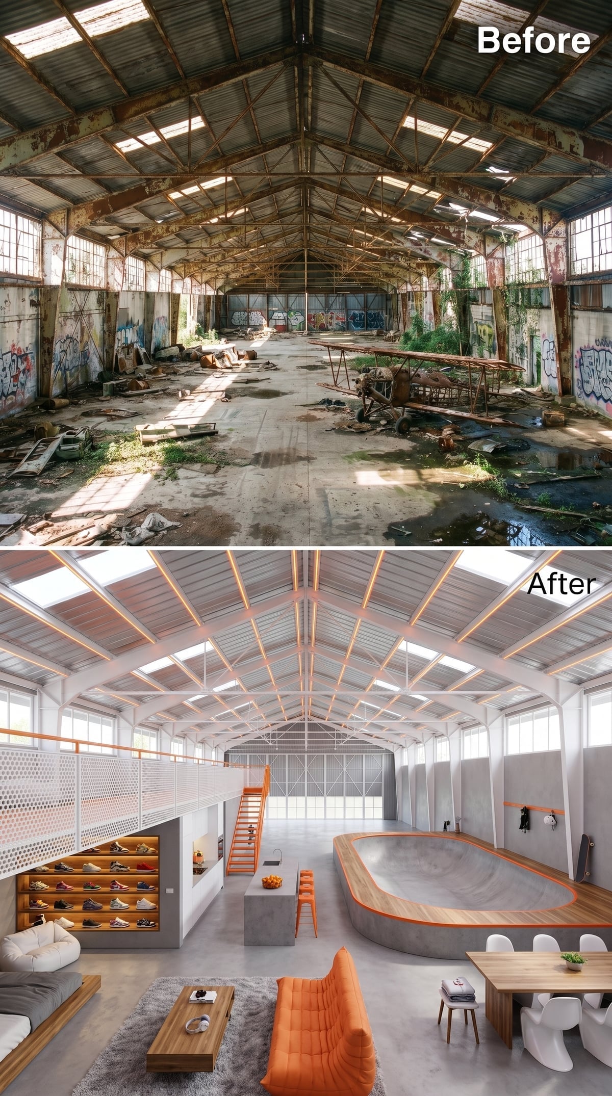 Playful hangar loft with concrete skate bowl, orange lounge seating and illuminated sneaker display