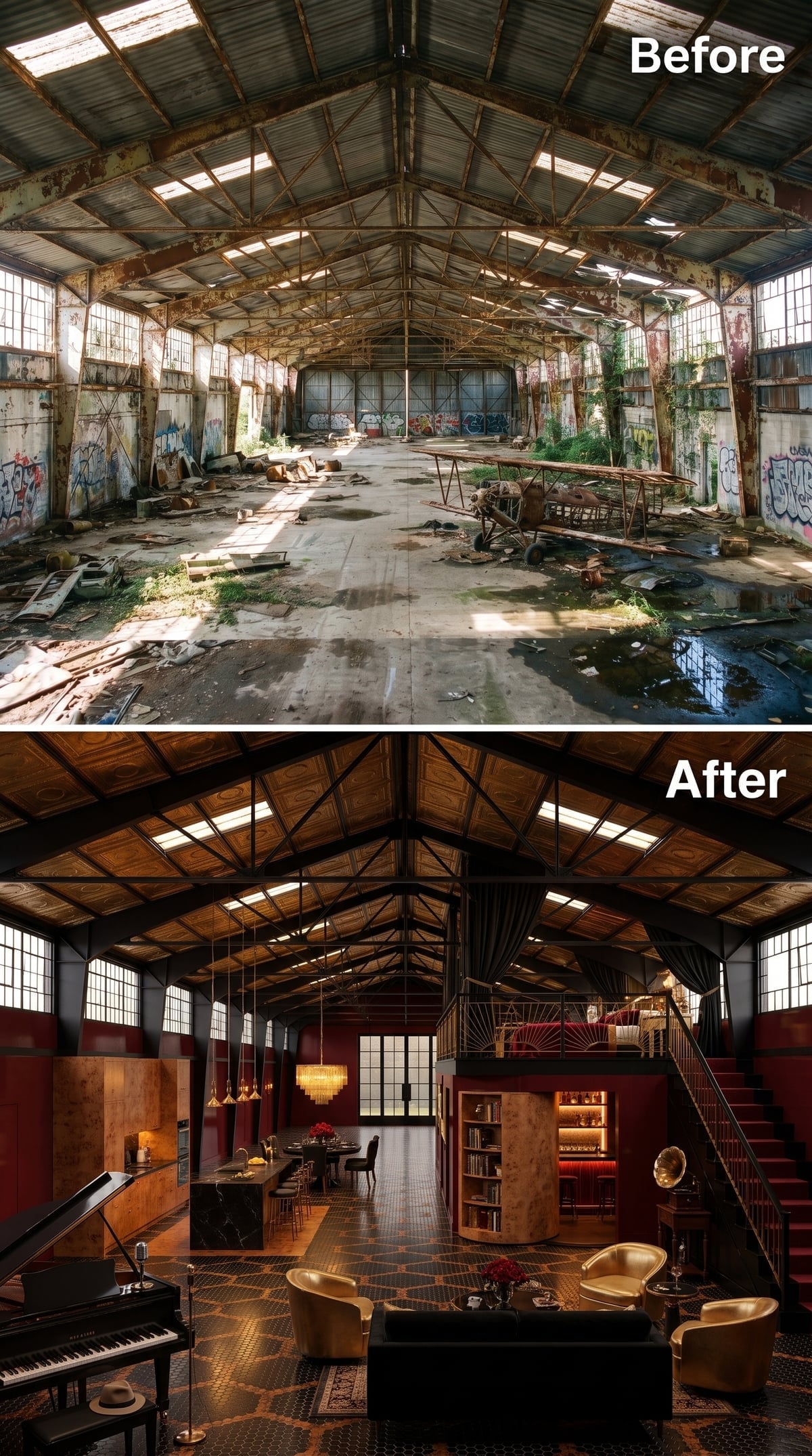 Dramatic hangar loft with crimson walls, gold velvet chairs, grand piano and mezzanine bedroom