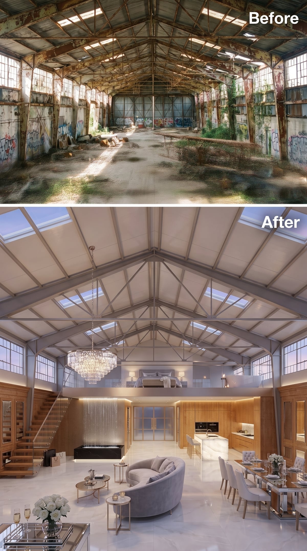 Elegant hangar interior with crystal chandelier, oak kitchen cabinetry and mezzanine bedroom
