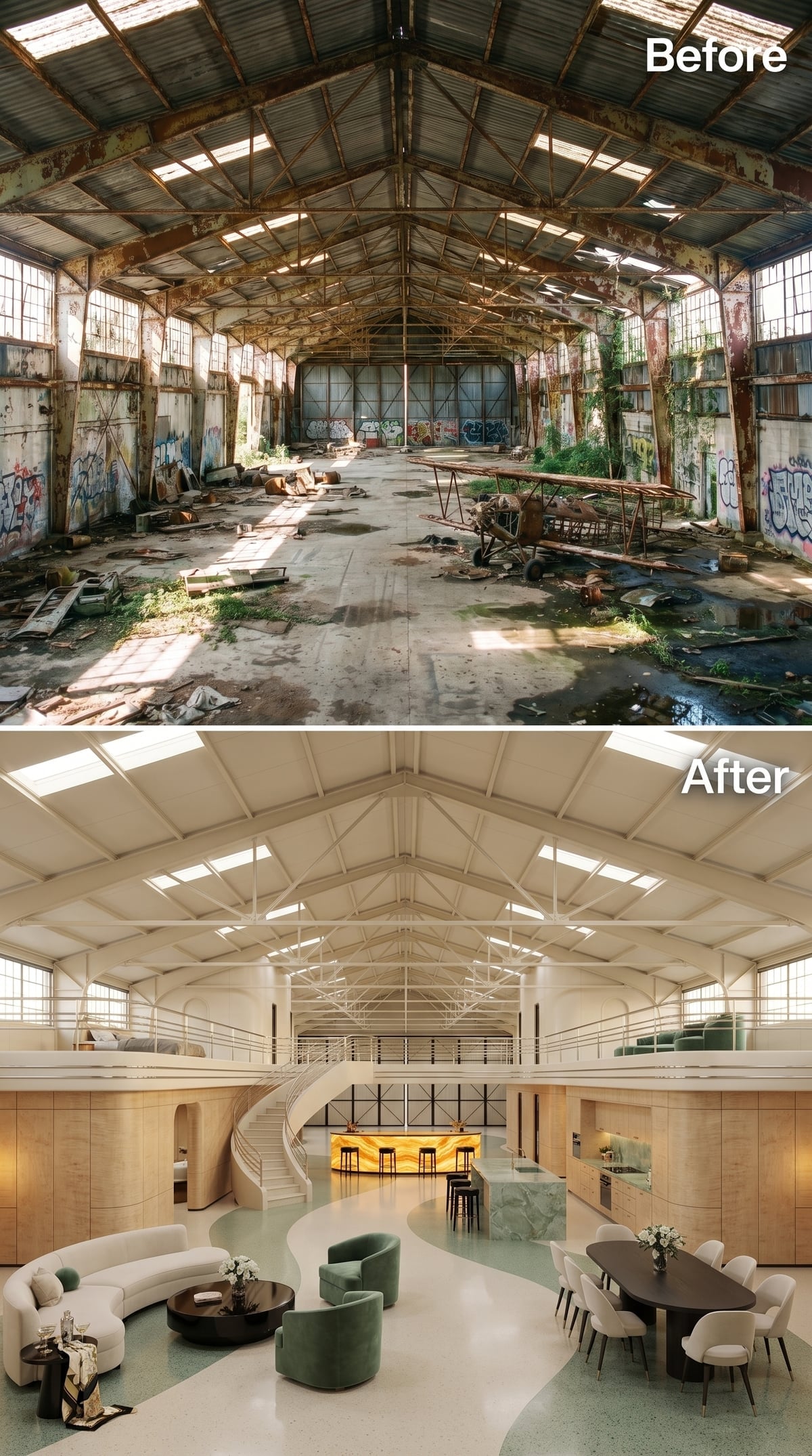 Elegant hangar loft with green marble island, curved staircase, sage chairs and mezzanine