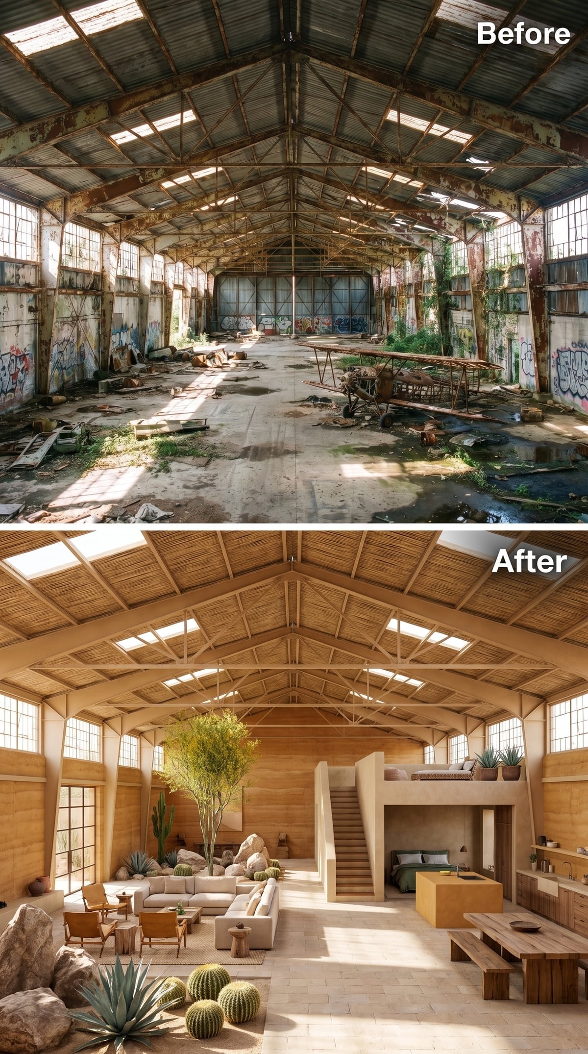 Desert-inspired hangar home with cactus planting, pale plaster, natural-fiber ceiling and mezzanine bedroom