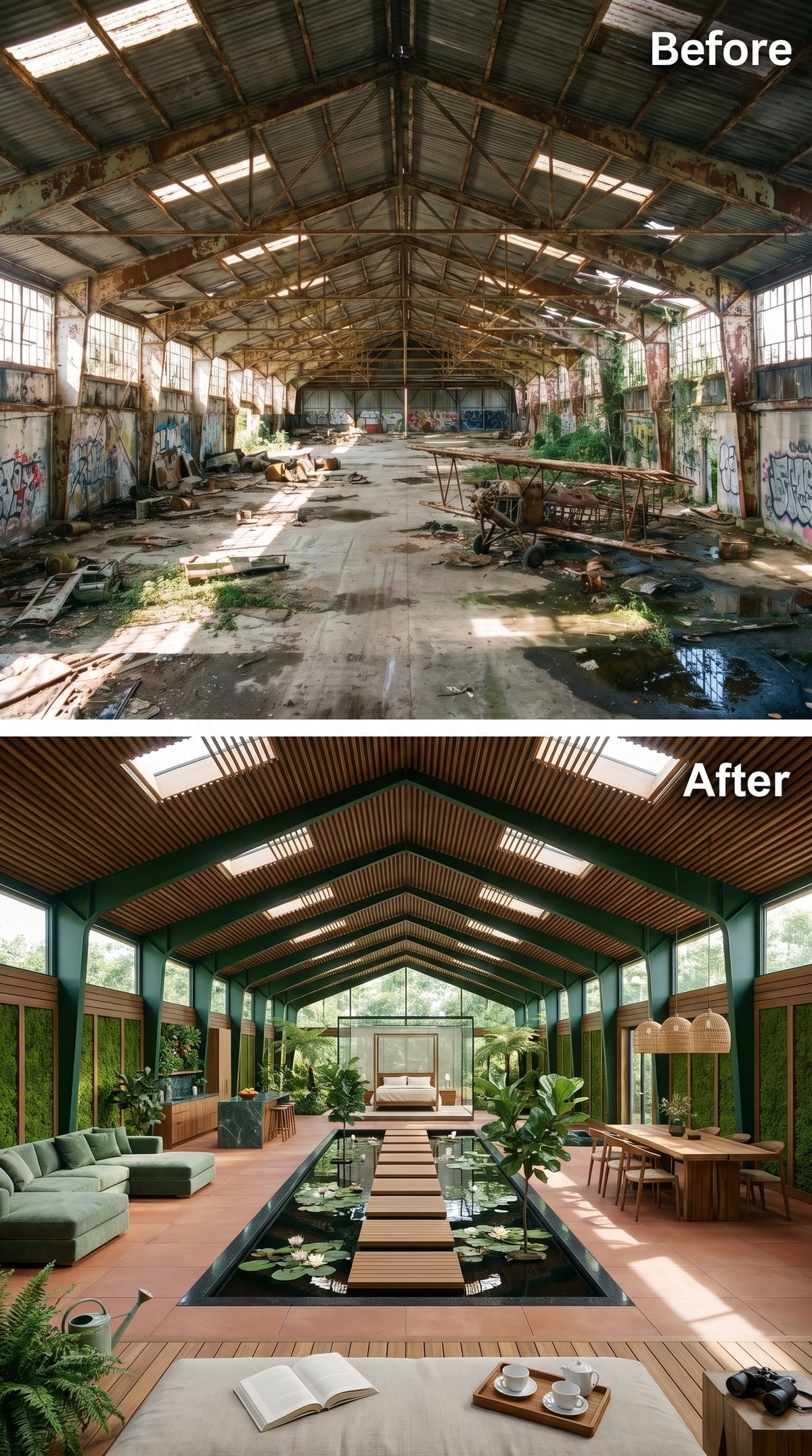 Green hangar loft with an indoor lily pond, timber walkway and glass-walled bedroom pod
