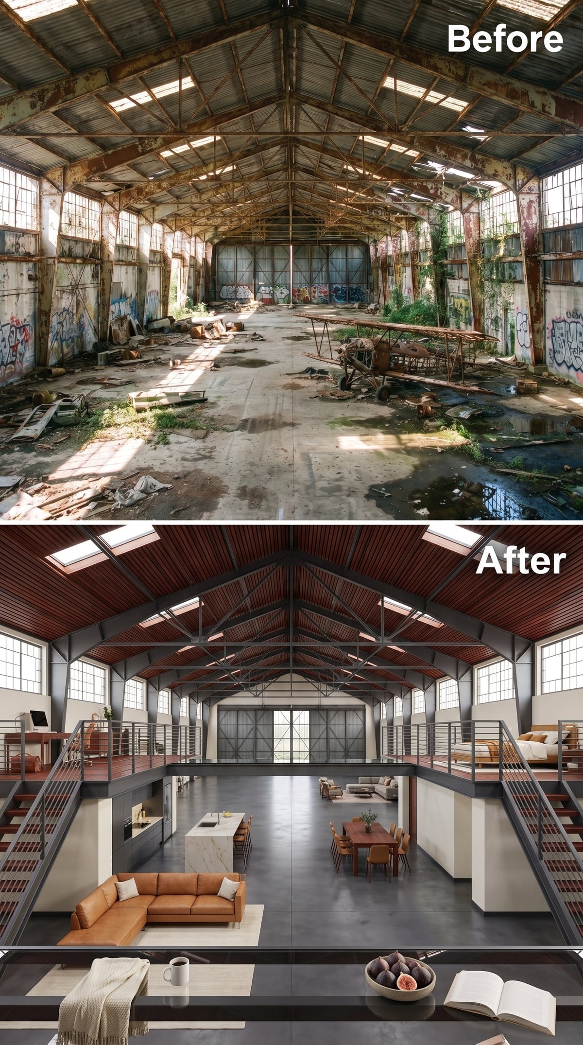 Hangar loft with dark mahogany ceiling, twin staircases, mezzanine bedrooms and polished concrete floor