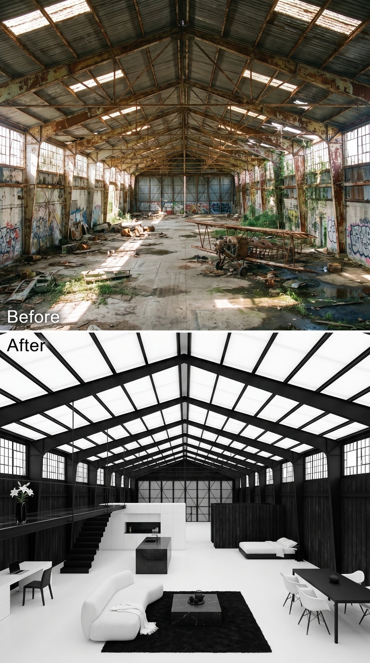 Minimalist monochrome hangar interior with black steel roof trusses, white surfaces and dark furniture