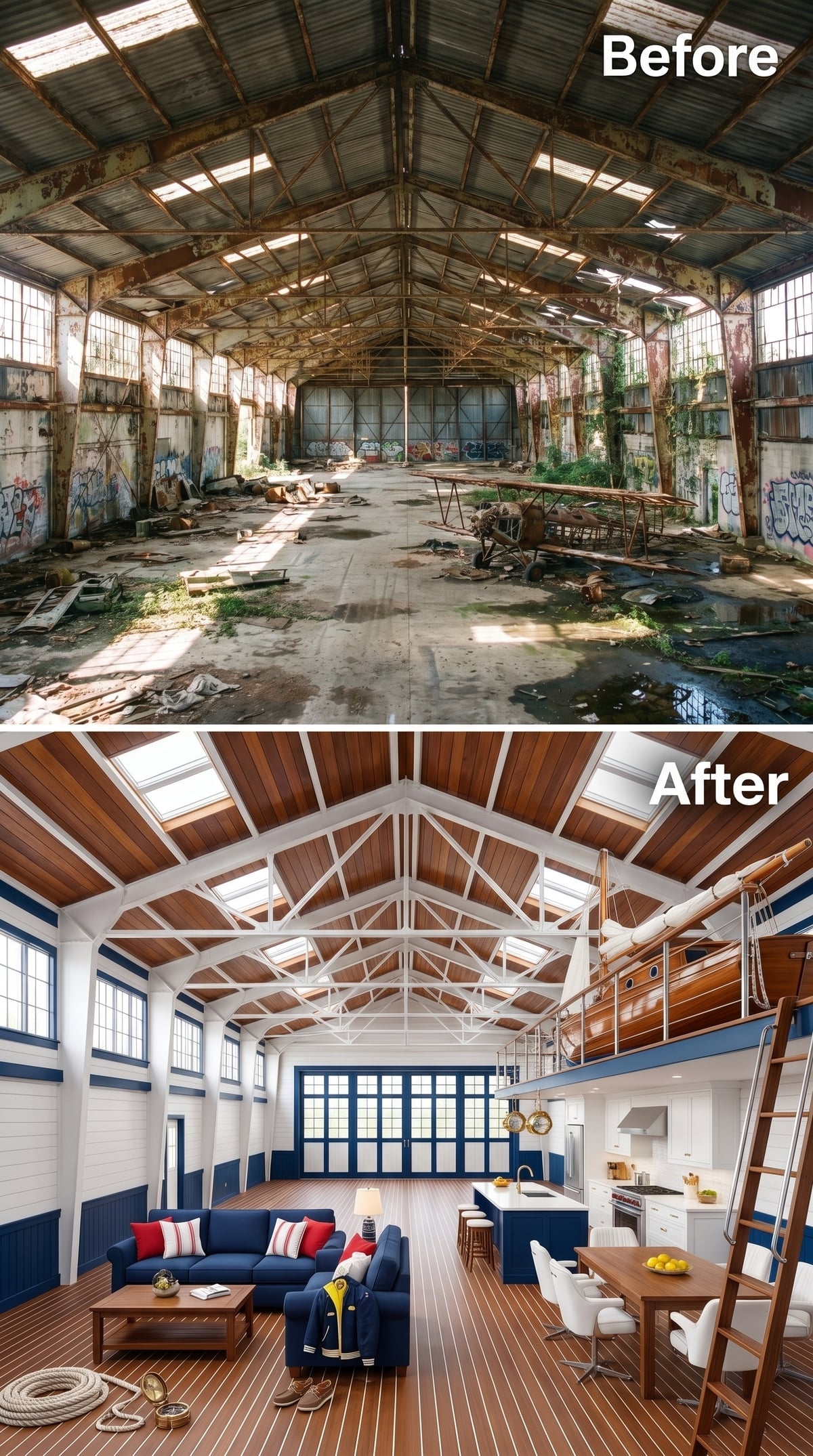 Nautical-inspired hangar home with navy wall panels, teak-toned flooring and ship's ladder