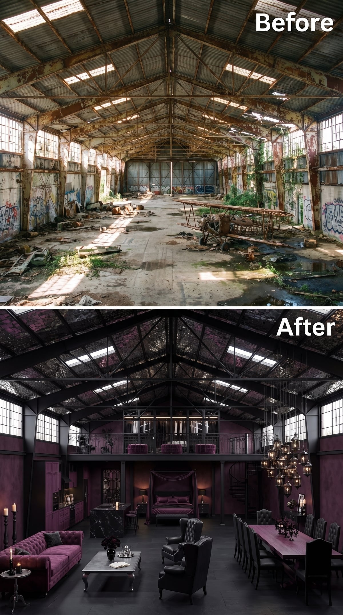 Gothic-inspired hangar loft with plum velvet seating, dark steel trusses and iron chandeliers
